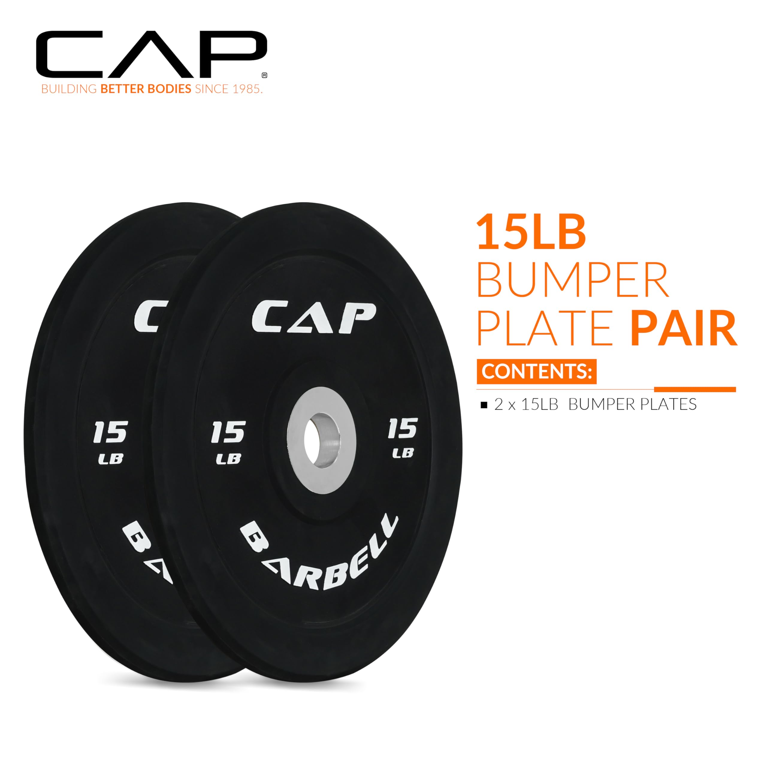Cap Barbell Best Olympic Bumper Plate Set, Black With White Logo, 15 Lb Pair