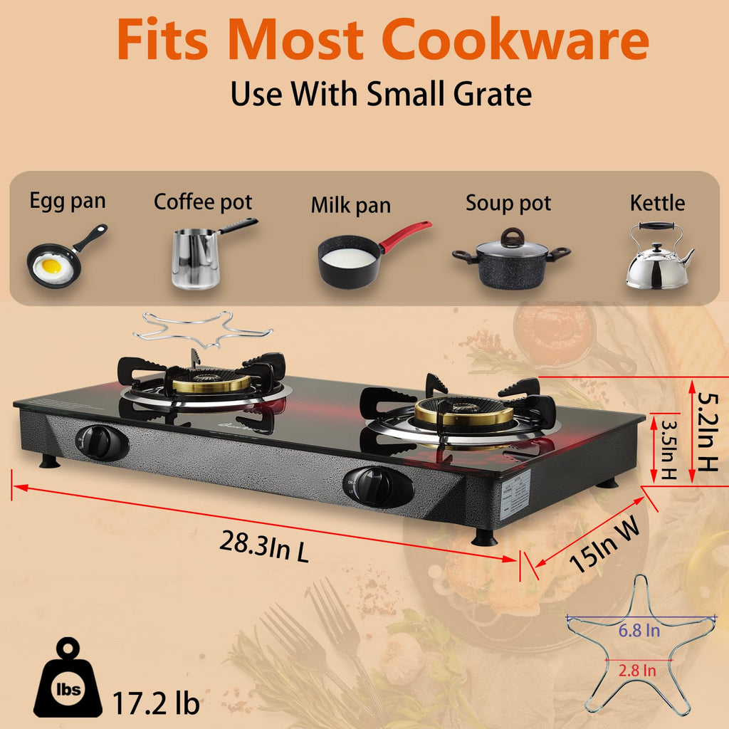 Besnerg Propane Stove 2 Burner Gas Stove, 28800 Btu High-Efficiency Auto Ignition Tempered Glass Lpg Cooktop With Csa Regulator