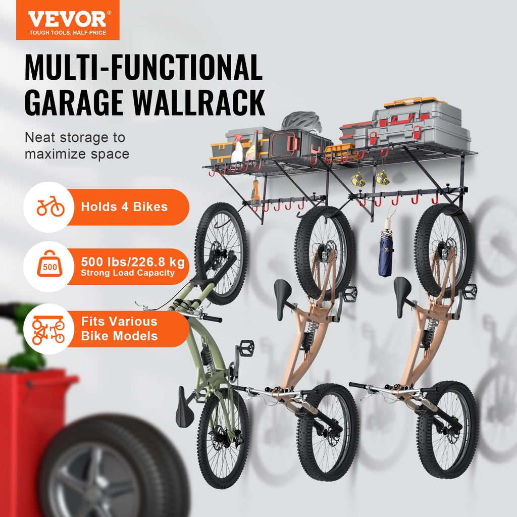 Vevor Bike Storage Rack Wall Mount Garage Bike Holder & 2 Shelves For 4 Bicycles