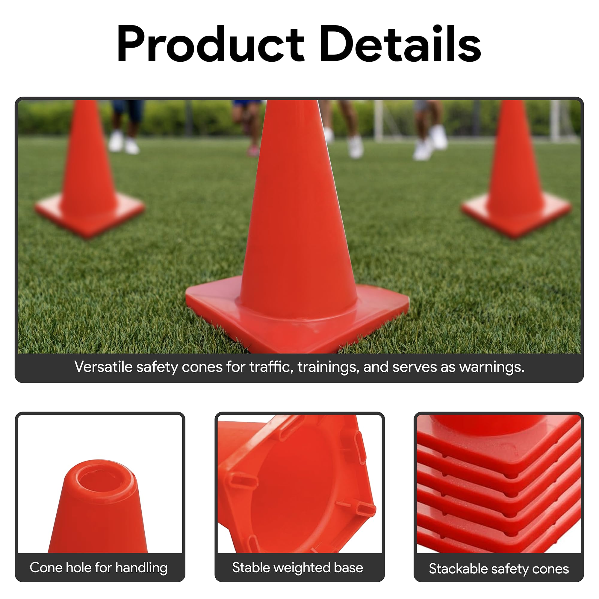 Versatyle Set Of 12 Flexible Heavy Duty Safety Cones 2In / 6In / 9In / 12In / 18In / 28In For Traffic Cones, Agility Soccer Trai
