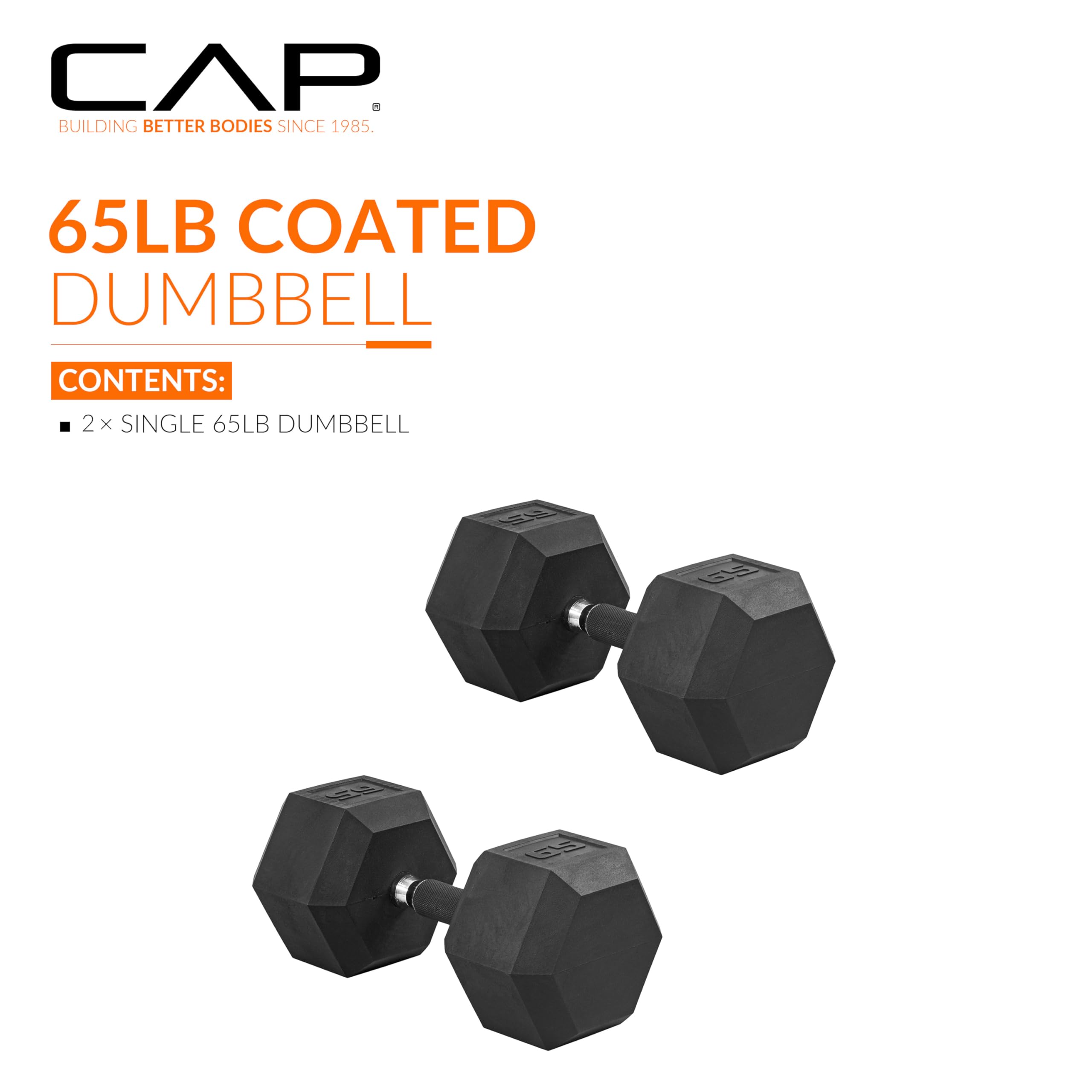 CAP Barbell 65 LB Rubber Coated Hex Dumbbell Hand Weight with Padded Grip - Pair | Comfort Grip