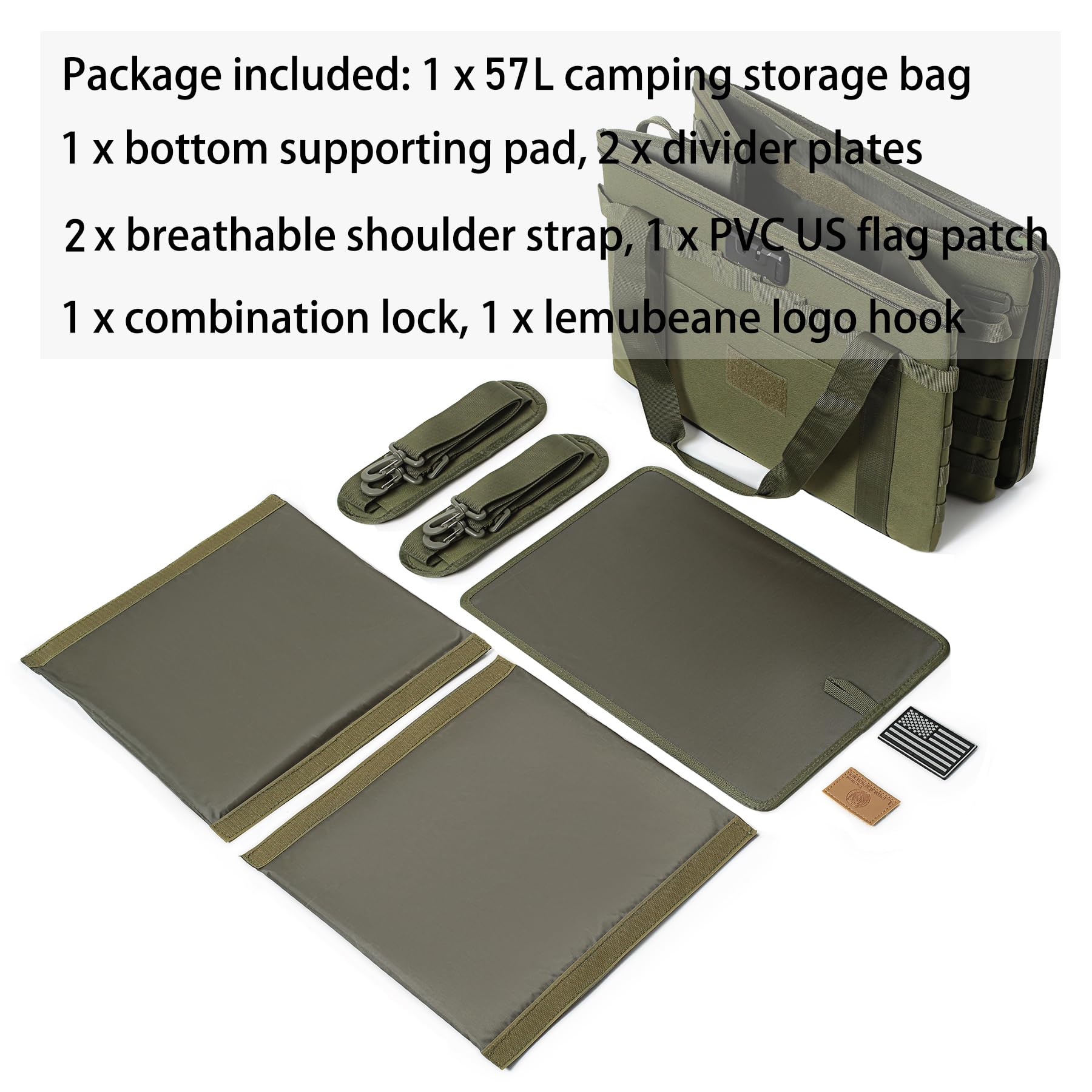 Lemubeane Tactical Camping Storage Bag - 57L Utility Tote Bag Organizer With Combination Lock And Shoulder Straps (Army Green, 5