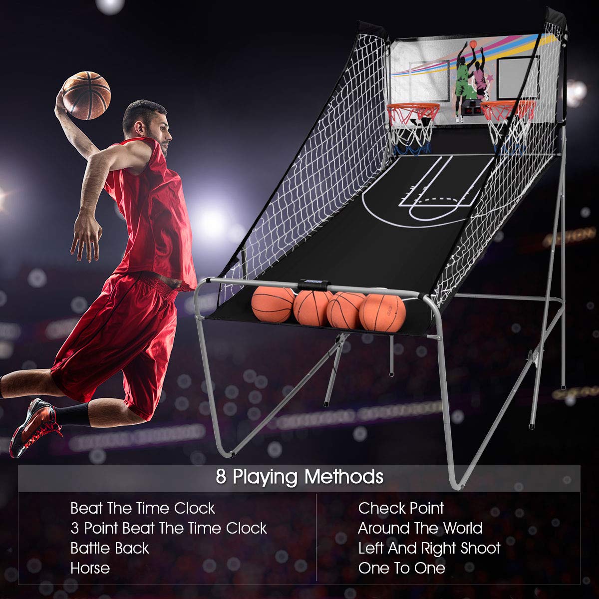 Giantex Foldable Basketball Arcade Game, 8 Game Options, Electronic Double Shot 2 Player W/ 4 Balls And Led Scoring System, Indo