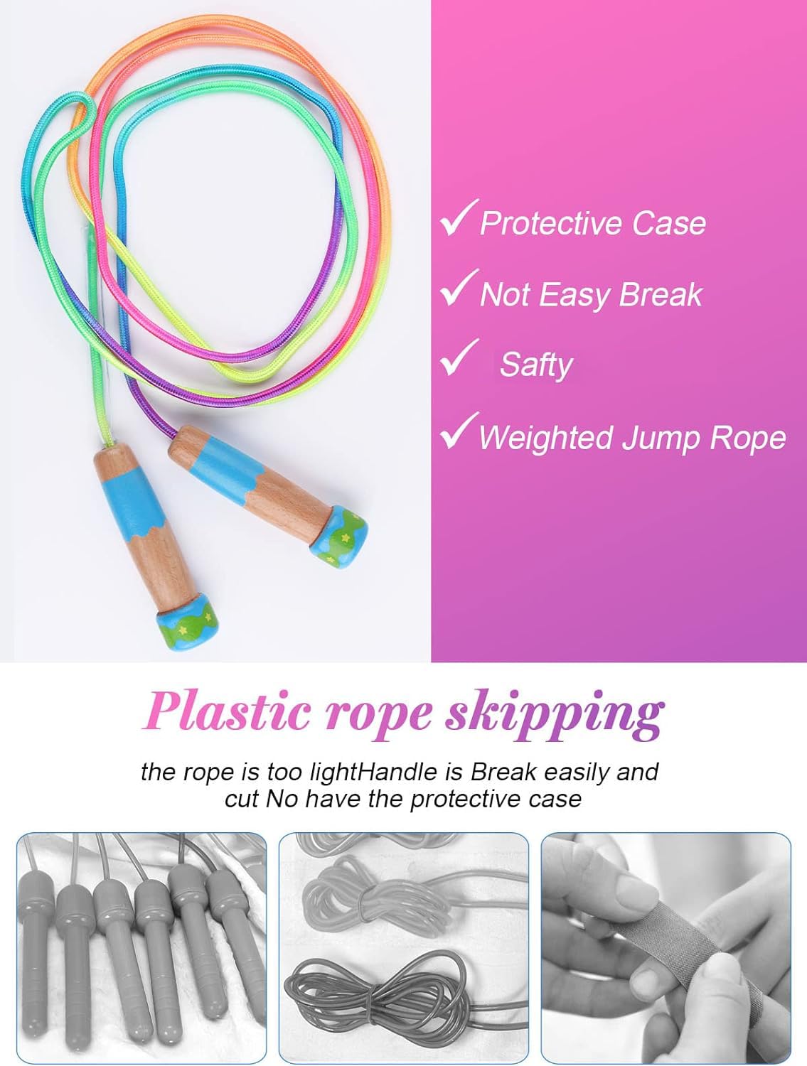 2 Pcs Jump Rope For Kids Adjustable, Lorvain Rainbow Skipping Rope, Kids Jump Ropes With Wooden Handle For Girls Boys, Weighted