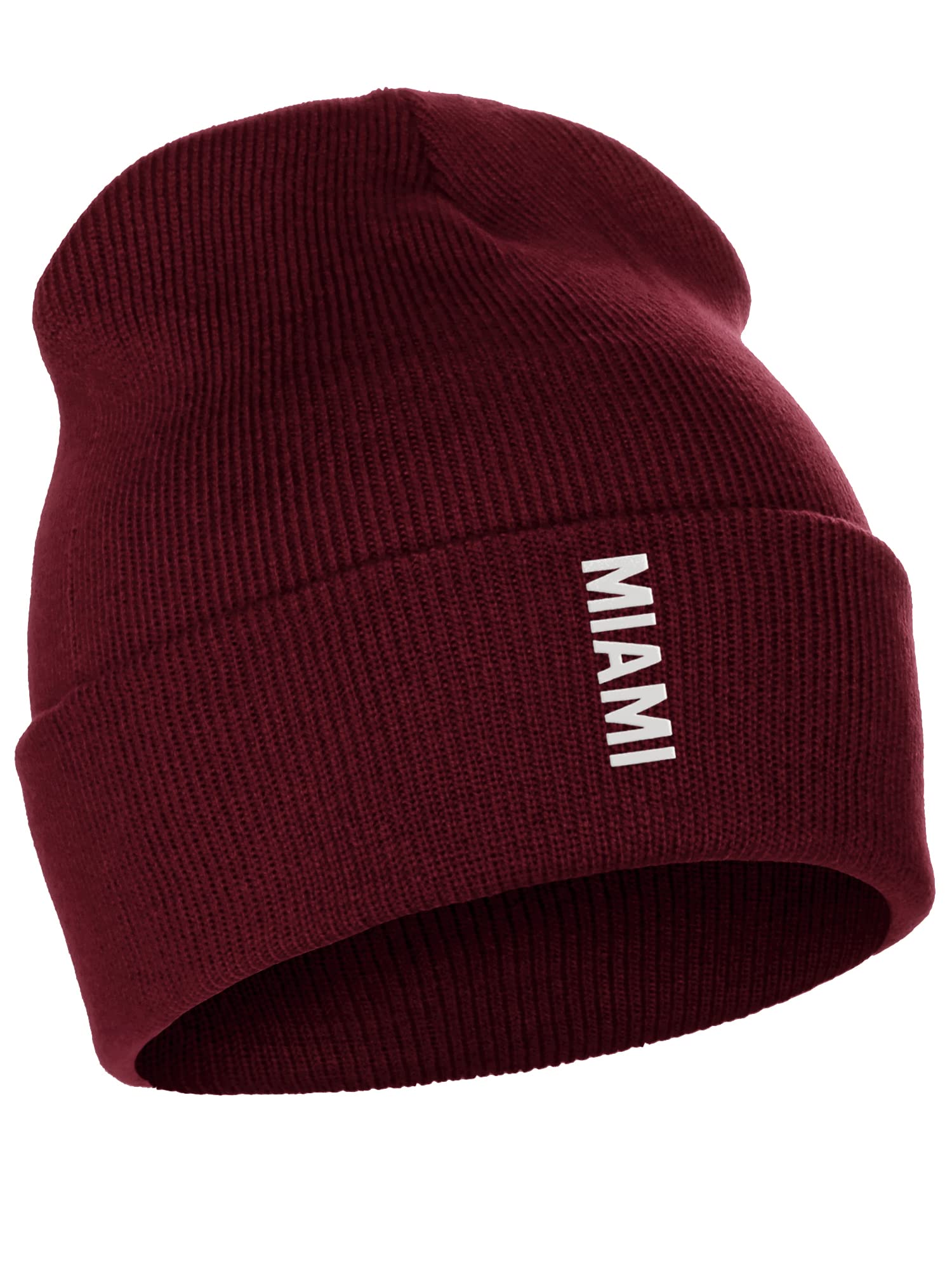 Daxton Vertical Usa Cities Cuffed Beanie Winter Knit Hat Skully Cap, Miami Burgundy White