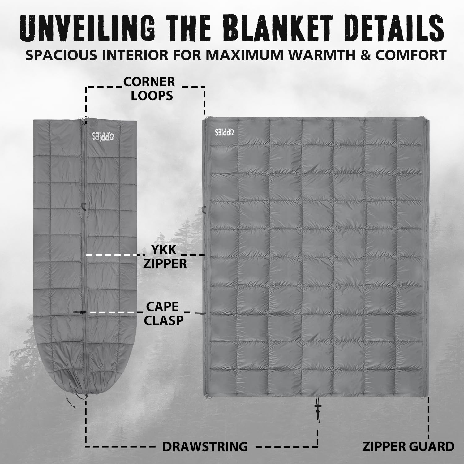 Zippies 3M Thinsulate Insulation Puffy Camping Blanket For Cold Weather, Queen Size Warm Camping Quilt With Zipper, Waterproof O