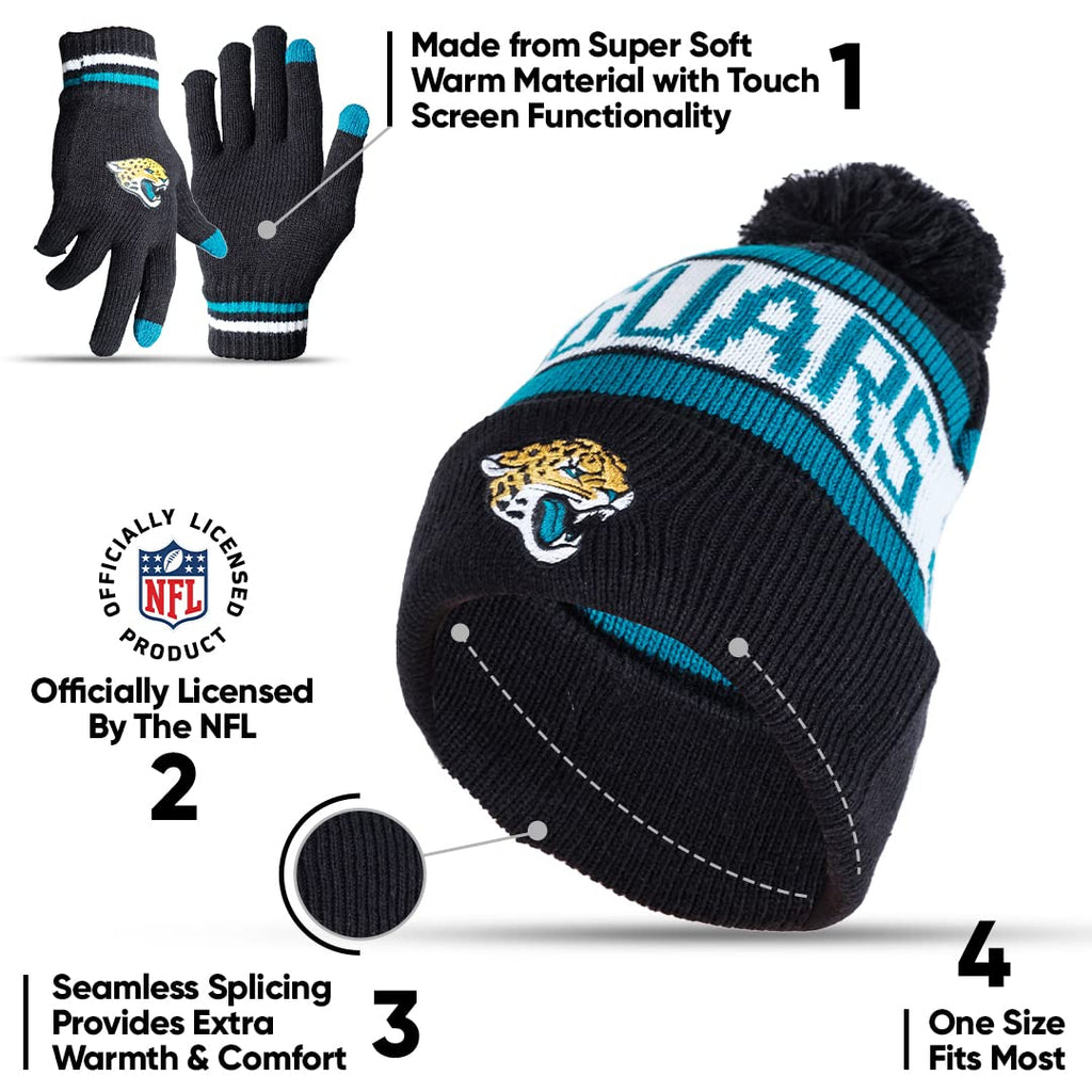 Ultra Game Nfl Mens Womens Super Soft Winter Beanie Knit Hat With Extra Warm Touch Screen Gloves, Jacksonville Jaguars, Team Col