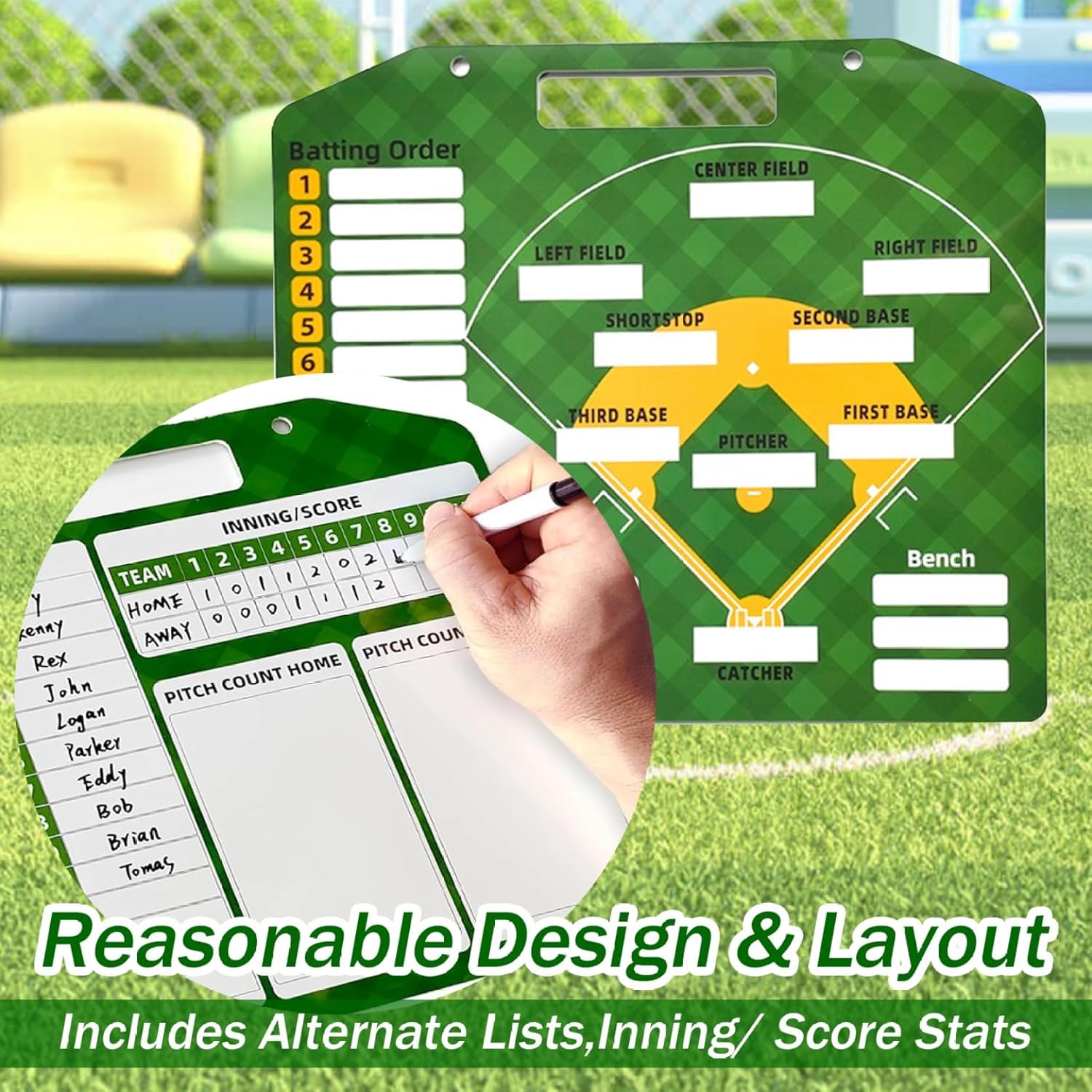 Magnetic Baseball Lineup Board For Dugout, Suveus Baseball Clipboard For Coaches, Softball Lineup Cards Marker Boards (Green)