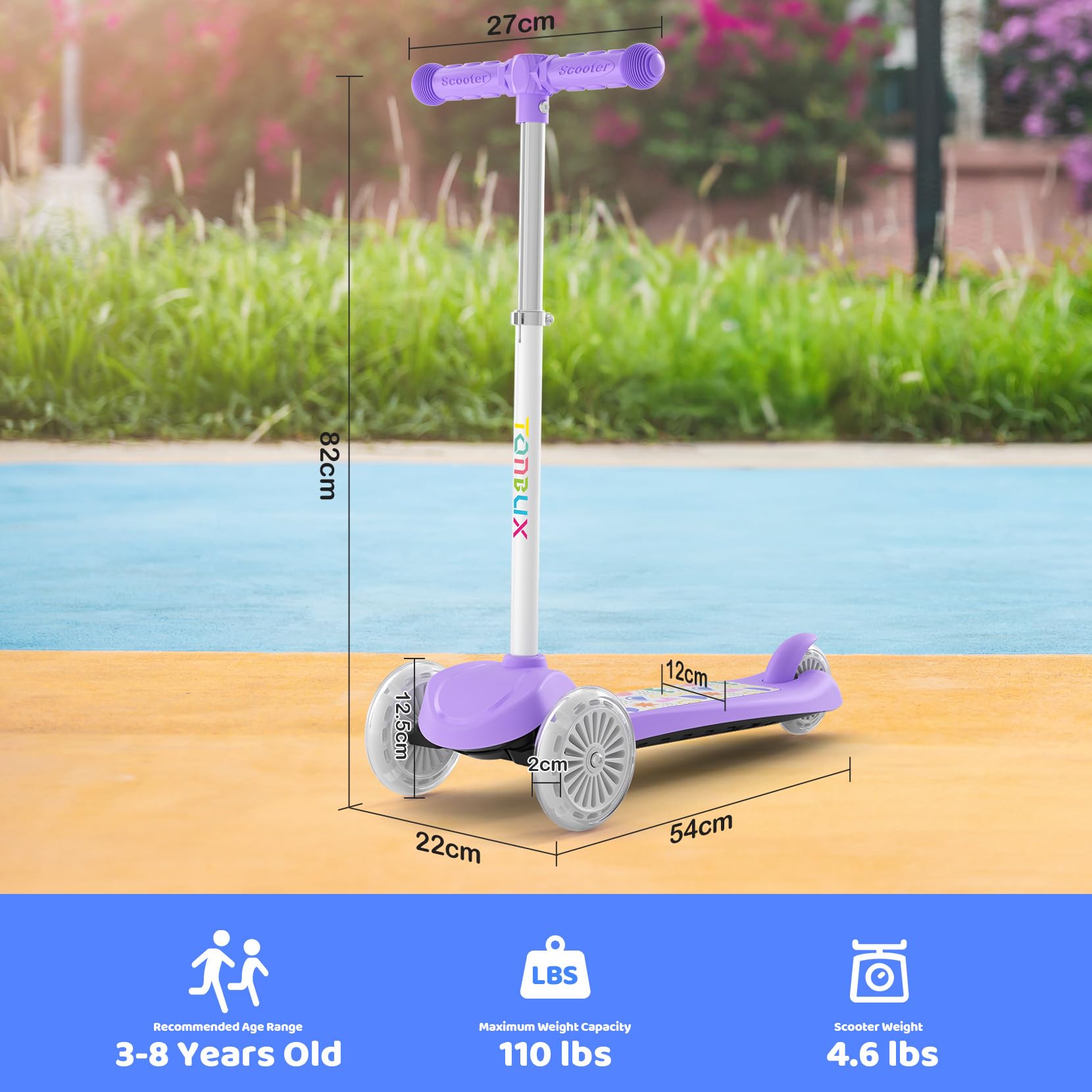 TONBUX Kids Scooter for Ages 3-8, Toddler Scooter with Light-Up Deck and Wheels, Adjustable 4-Level Height 3-Wheel Scooters for