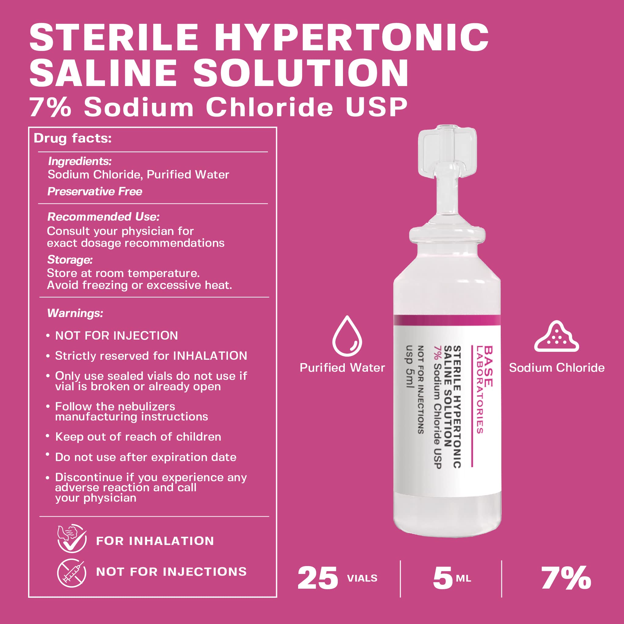 Base Labs 7 Hypertonic Saline Solution For Nebulizer Machine  Sterile Saline Solution For Inhalation Helps With Respiratory Trea