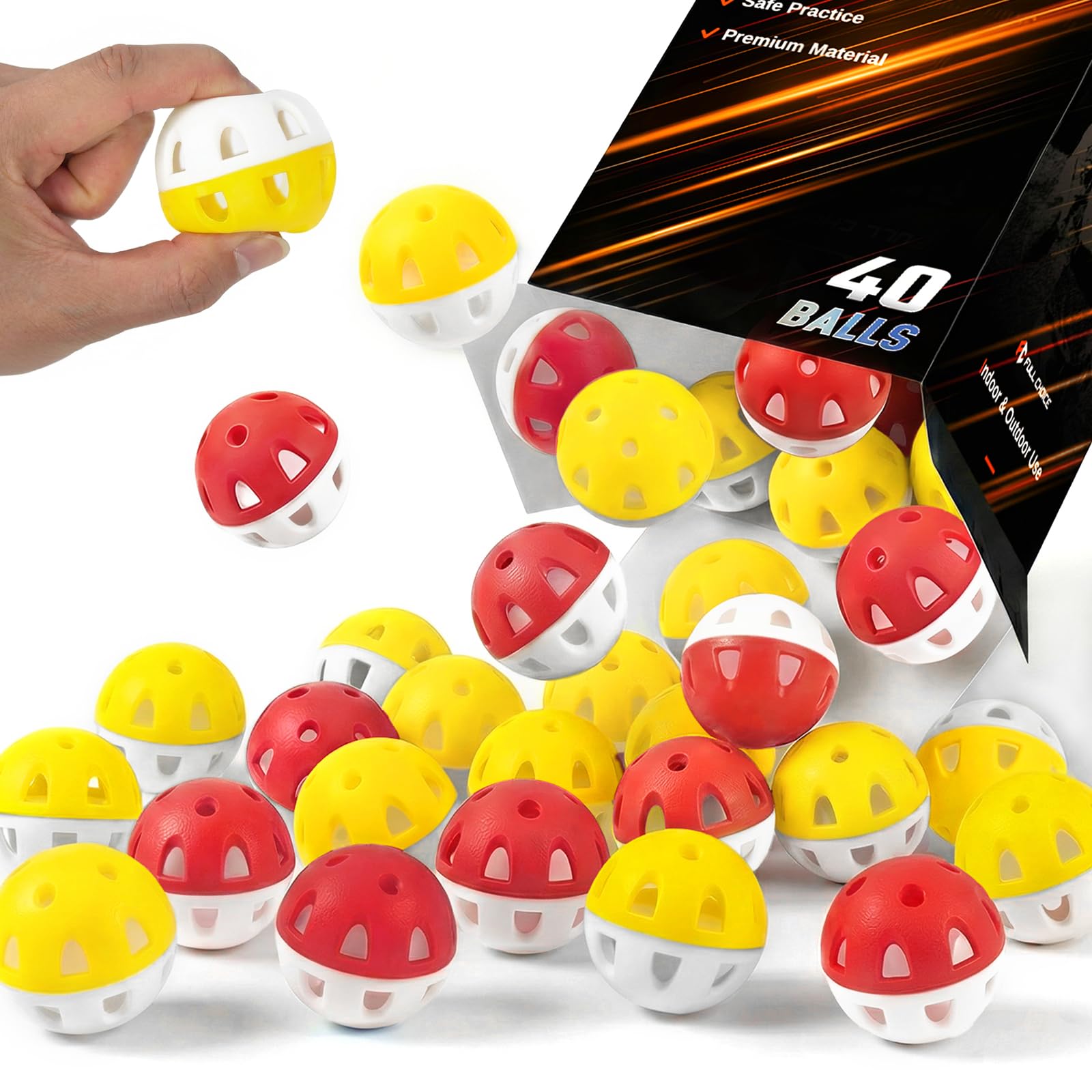 Full Choice 40 Pack Practice Golf Balls - Limited-Flight Training Balls with High-Visibility Colors, Wear-Resistant Soft Plastic