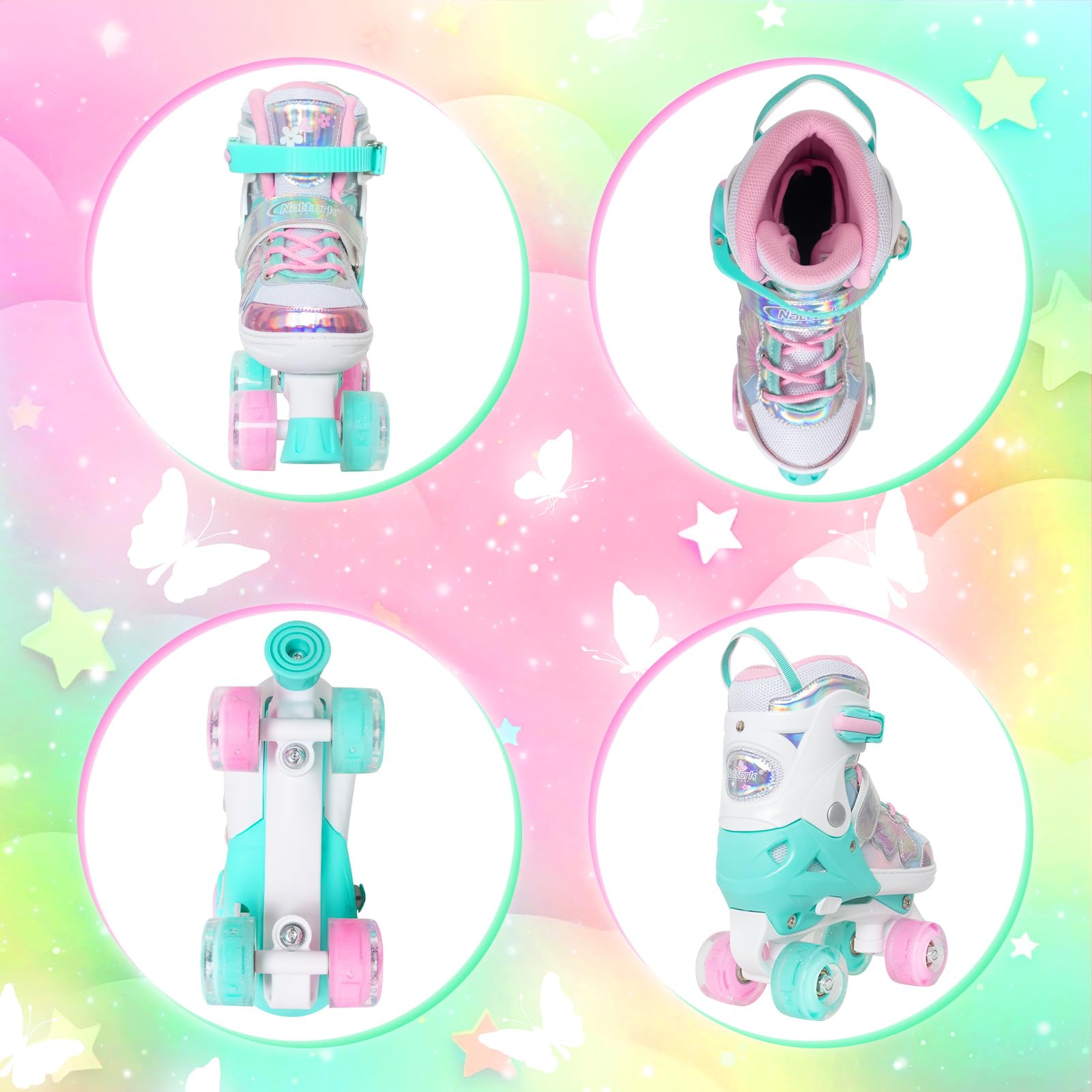 Kids Roller Skates For Girls Boys - Teal For Teenagers Youth Age 10 11 12 - Adjustable All Light Up Wheels Butterfly And Flower