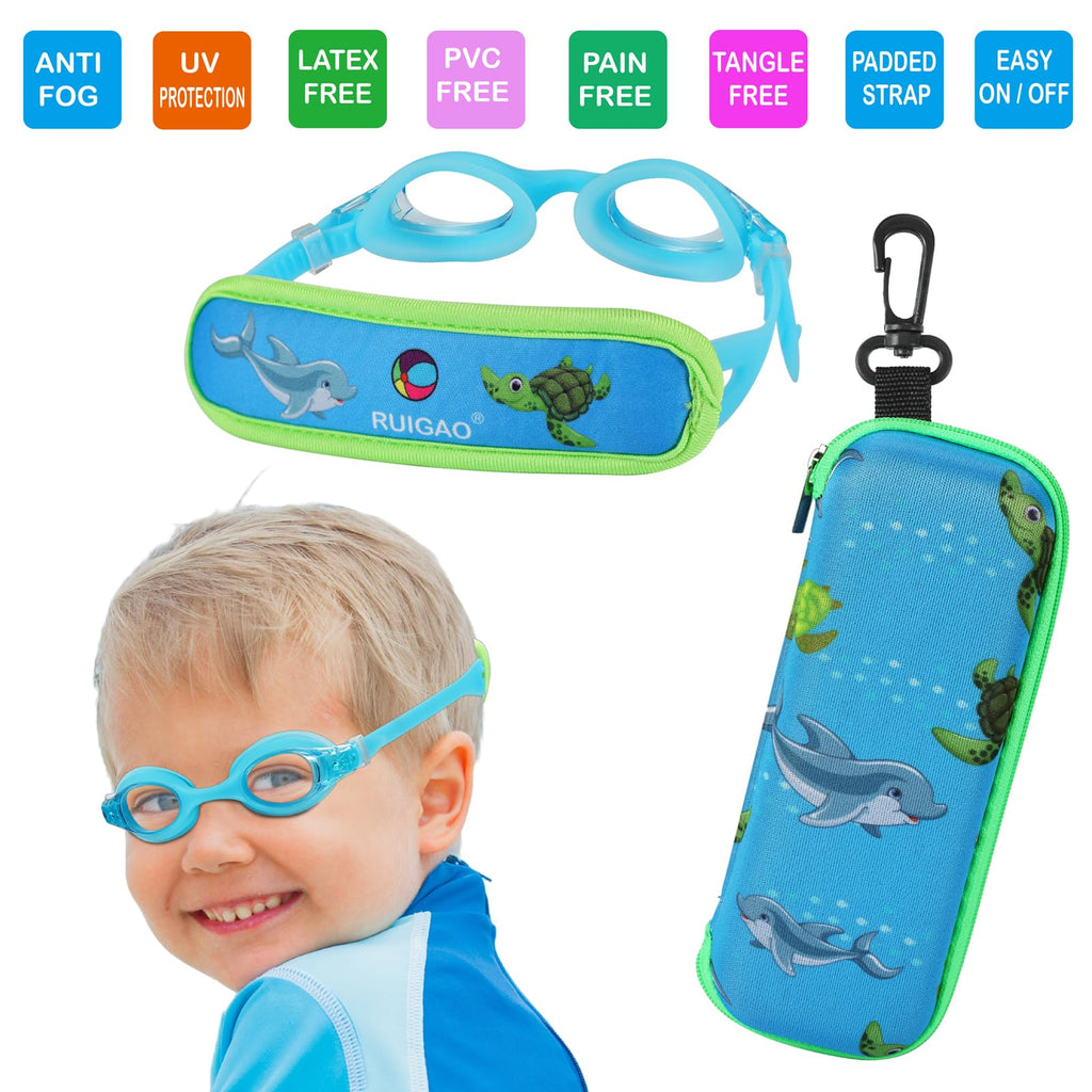 Ruigao Kids Swim Goggles Age 2-6, Toddler Goggles No Hair Pull,Child Goggles Padded Headband (2Pk Toddler - Dino & Dolphin)
