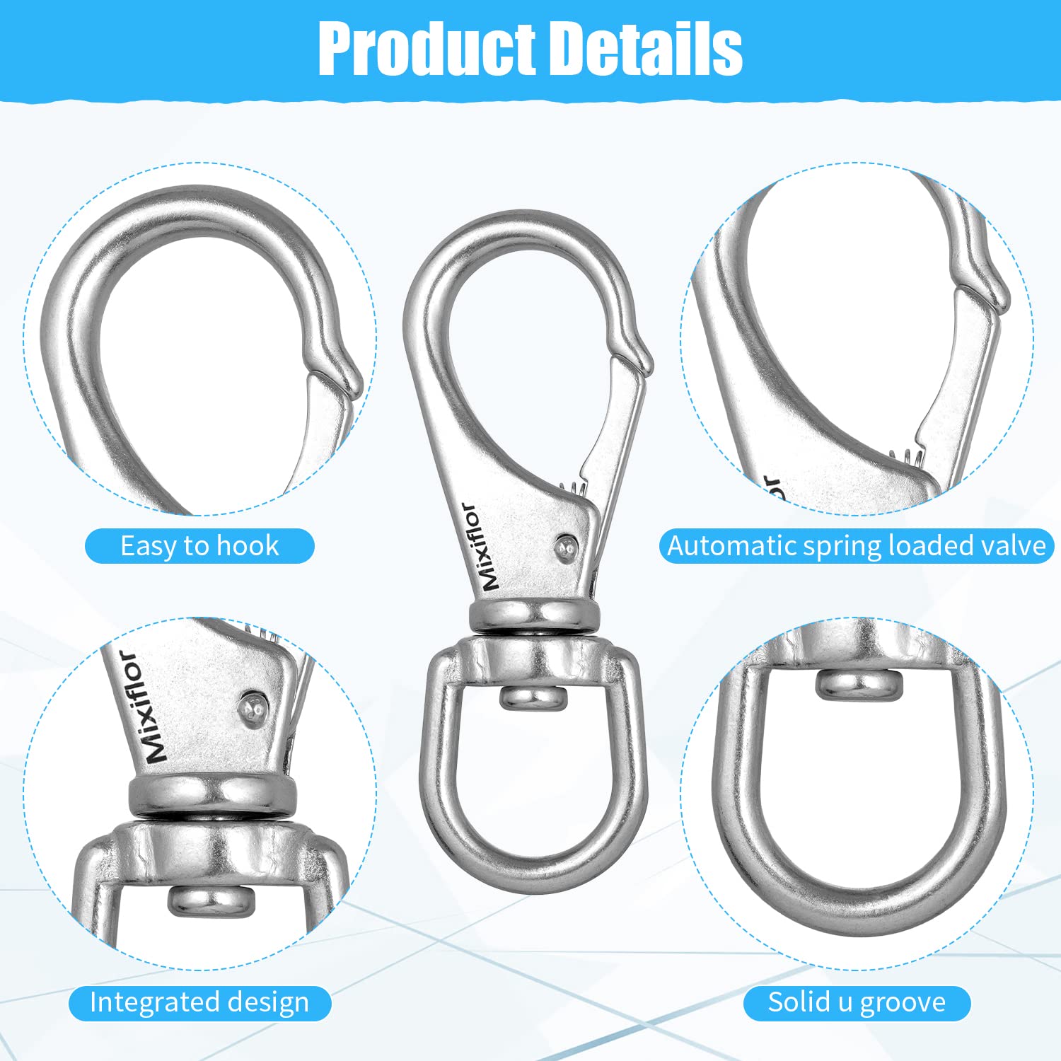 Mixiflor Stainless Steel Swivel Eye Snap Hook, 4 Pack (4 Inch) Swivel Snap Hook Flag Pole Clips, Rotating Diving Clips Spring Ho