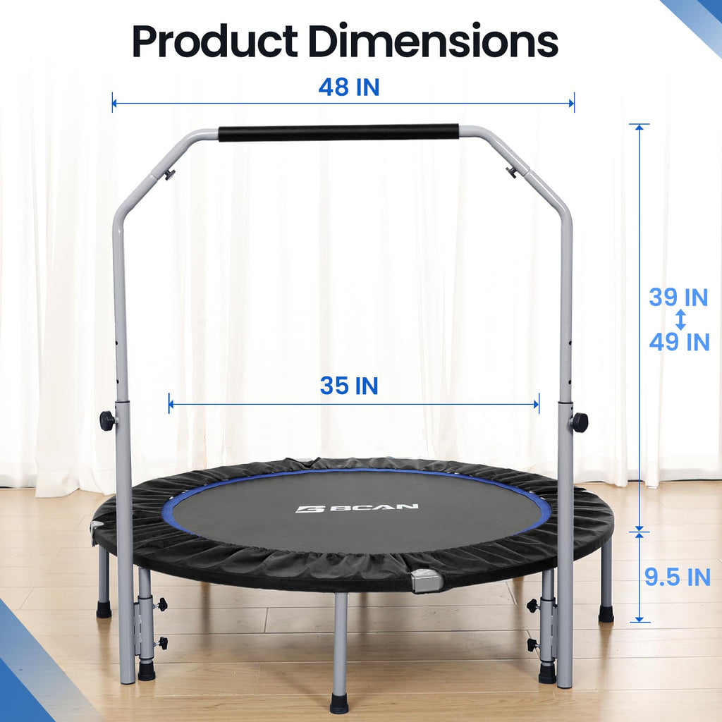 Bcan 48'''' Foldable Mini Trampoline For Adults Max Load 440Lbs, Fitness Rebounder With Adjustable Foam Handlebar, Exercise Tram
