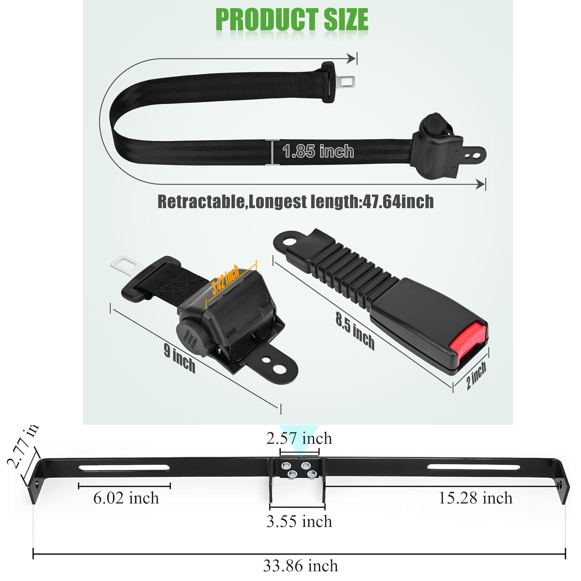 10L0L Golf Cart Belts Bracket Kit, 42 In Retractable Seat Belts For Yamaha, Ezgo Txt & Rxv, Club Car Ds, Club Car Perfect