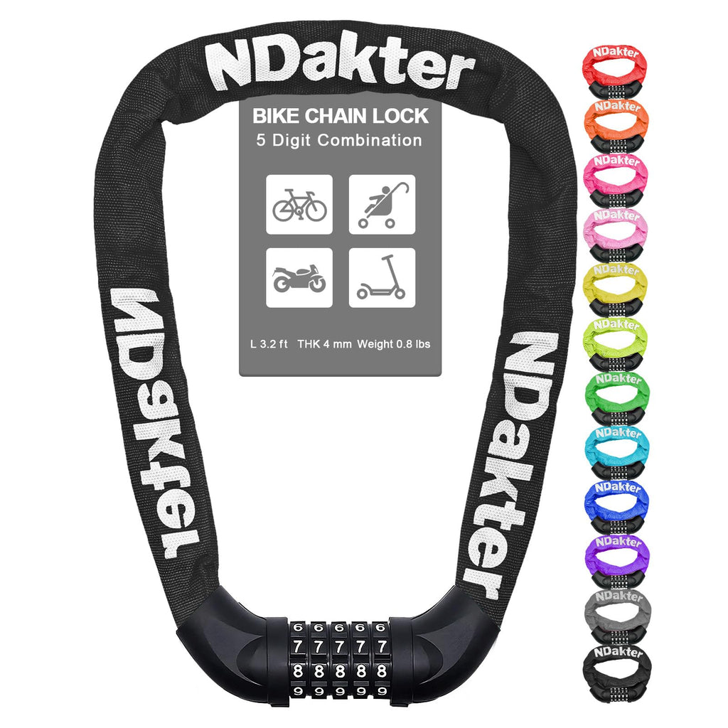 Ndakter Bike Chain Lock, 5-Digit Combination Anti-Theft Bicycle Lock, 3.2Feet Long Security Resettable Bike Locks Heavy Duty For