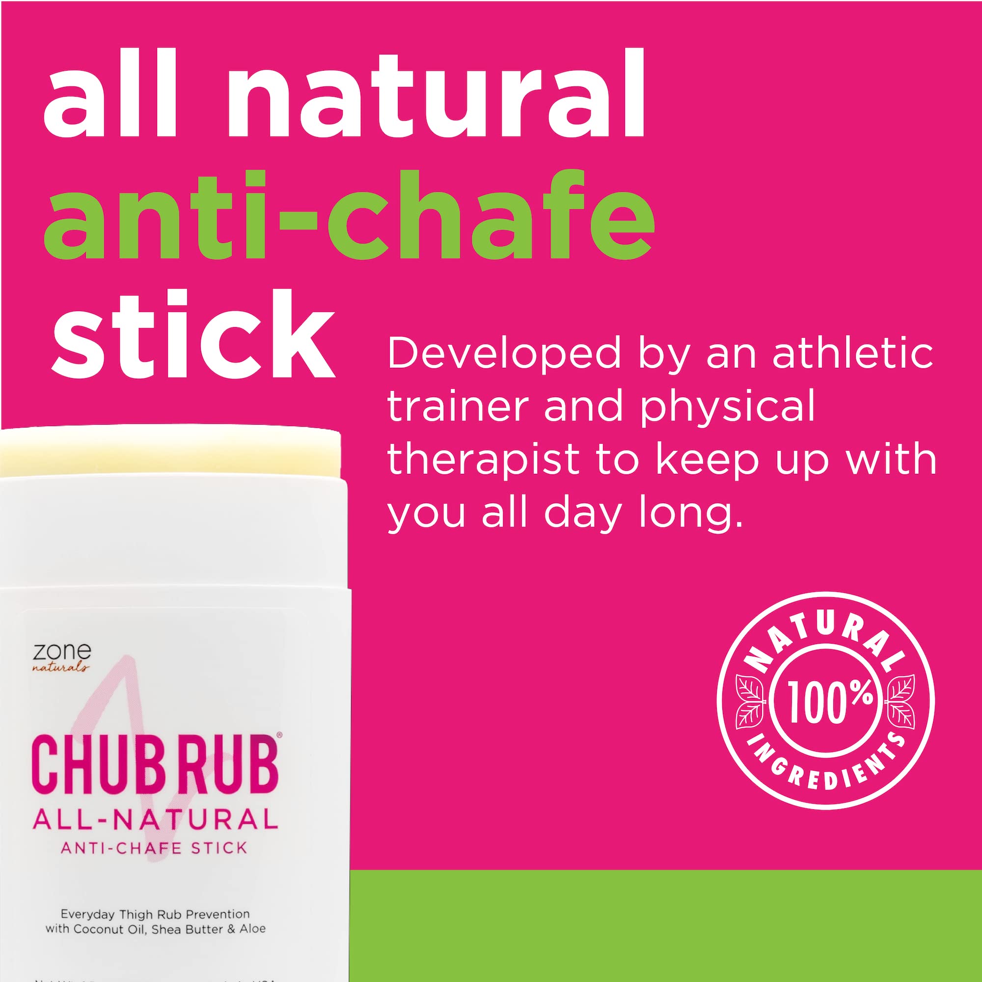 Zone Naturals Chub Rub Stick - 100% Natural Anti Chafing Stick - Friction Defense Anti Chafe Stick Reduces Rubbing And Irritatio