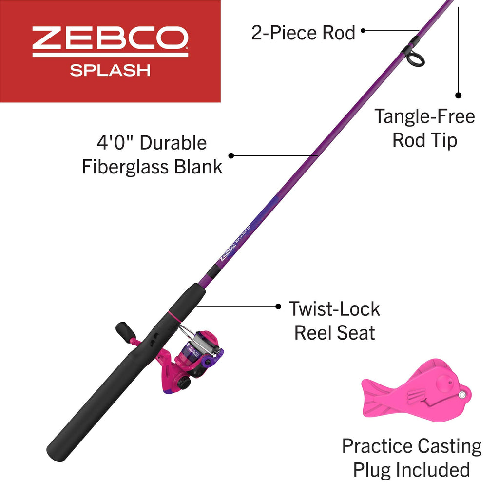 Zebco Splash Junior Spinning Reel and Fishing Rod Combo, 4-Foot 2-Piece Fishing Pole, Size 10 Reel, Changeable Right- or Left-Ha
