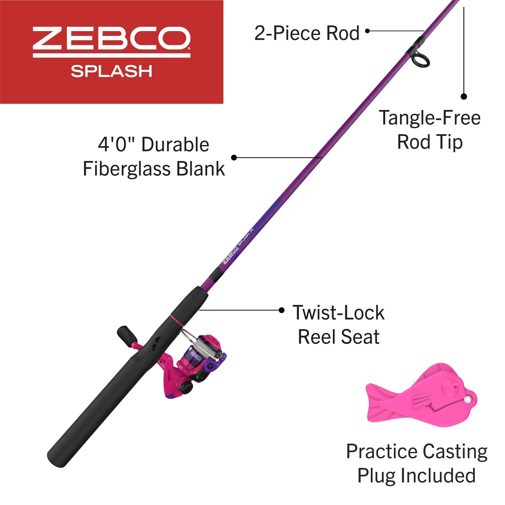 Zebco Splash Junior Spinning Reel and Fishing Rod Combo, 4-Foot 2-Piece Fishing Pole, Size 10 Reel, Changeable Right- or Left-Ha