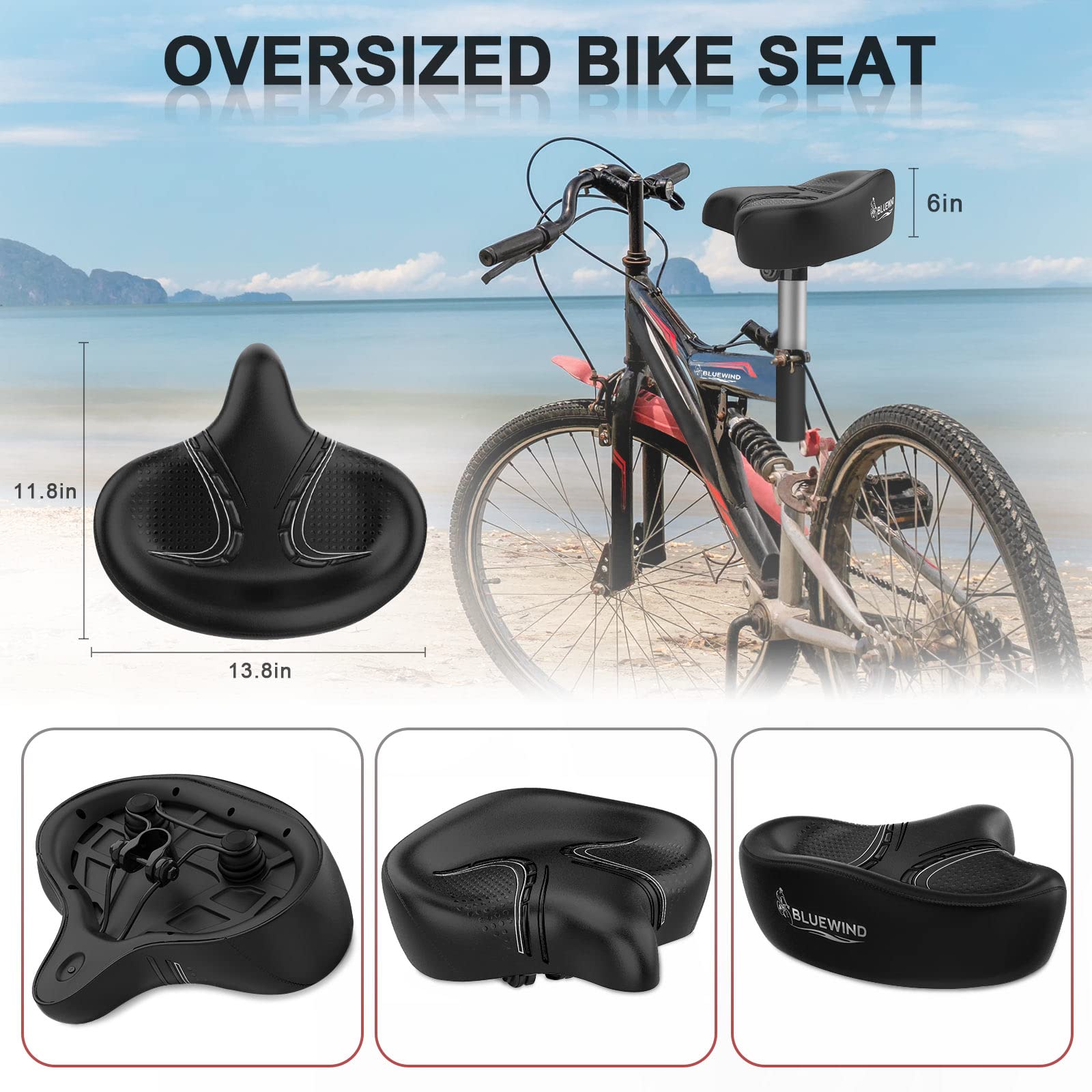 Bluewind Oversized Bike Seat, Wide Bicycle Saddle Novel Backrest Design For Electric Bike, Universal Fit Exercise Bike Or Road S
