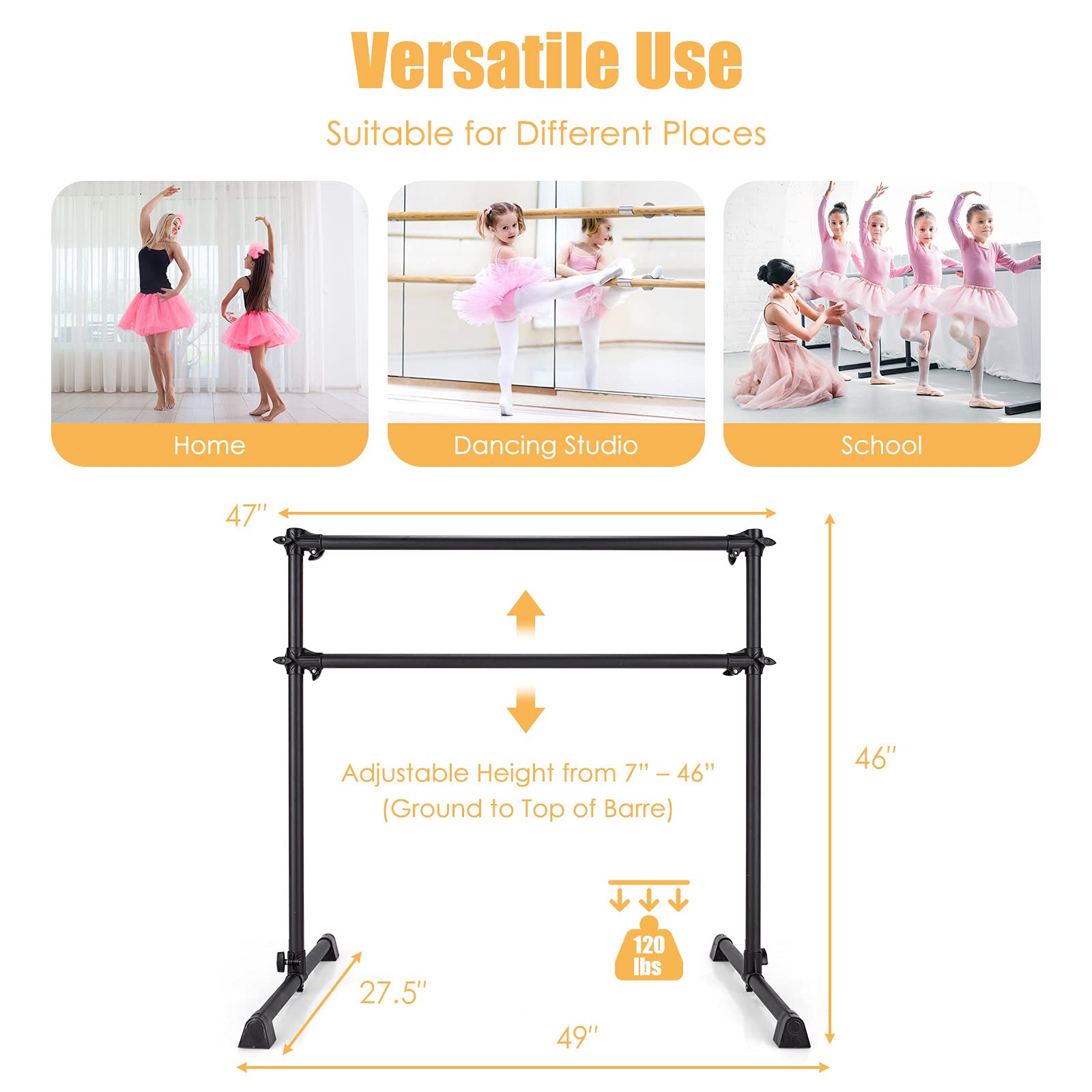 Goflame 4Ft Ballet Barre Portable, Freestanding Double Ballet Barre Height Adjustable With Anti Slip Base, Heavy Duty Stretch Da
