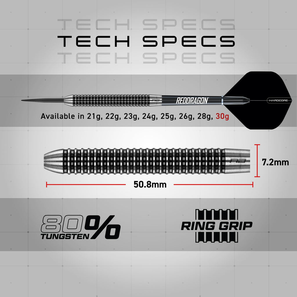 Red Dragon Pegasus Tungsten Steel Darts Set - 30 Gram - Black Shafts, Black Extra Thick Flights And Case