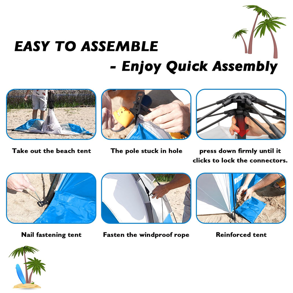 Mansader Easy Pop Up Beach Tent For 3-4 People, Automatic Setup Beach Shelter With Upf 50+ And 3 Ventilation Windows, Portable S