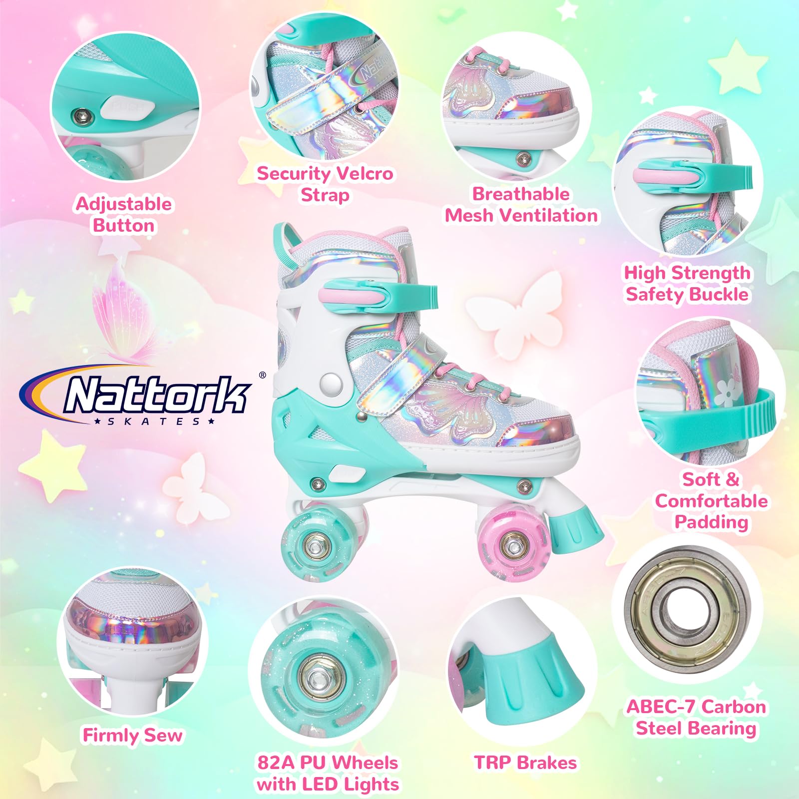 Kids Roller Skates For Girls Boys - Teal For Little Kids Age 4 5 6 7- Adjustable All Light Up Wheels Indoor Outdoor Sports Birth