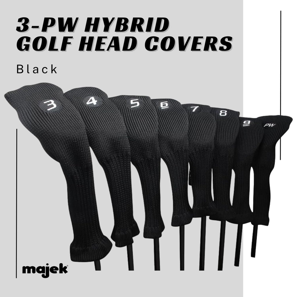 Majek All Hybrid Head Cover Golf Club Black Sleek Tight Fit Headcover Set 3-Pw Acrylic Head Covers 3 4 5 6 7 8 9 Pw Easy To See