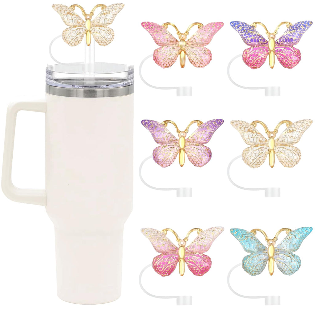SEMATA 6PCS Cute Butterfly Straw Cover Cap for Stanley Cup Accessories,Bling Straw Toppers for Stanley Tumbler 40&30 oz,Reusable