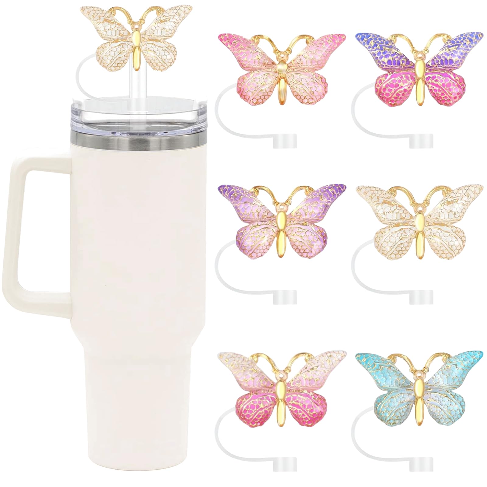 SEMATA 6PCS Cute Butterfly Straw Cover Cap for Stanley Cup Accessories,Bling Straw Toppers for Stanley Tumbler 40&30 oz,Reusable