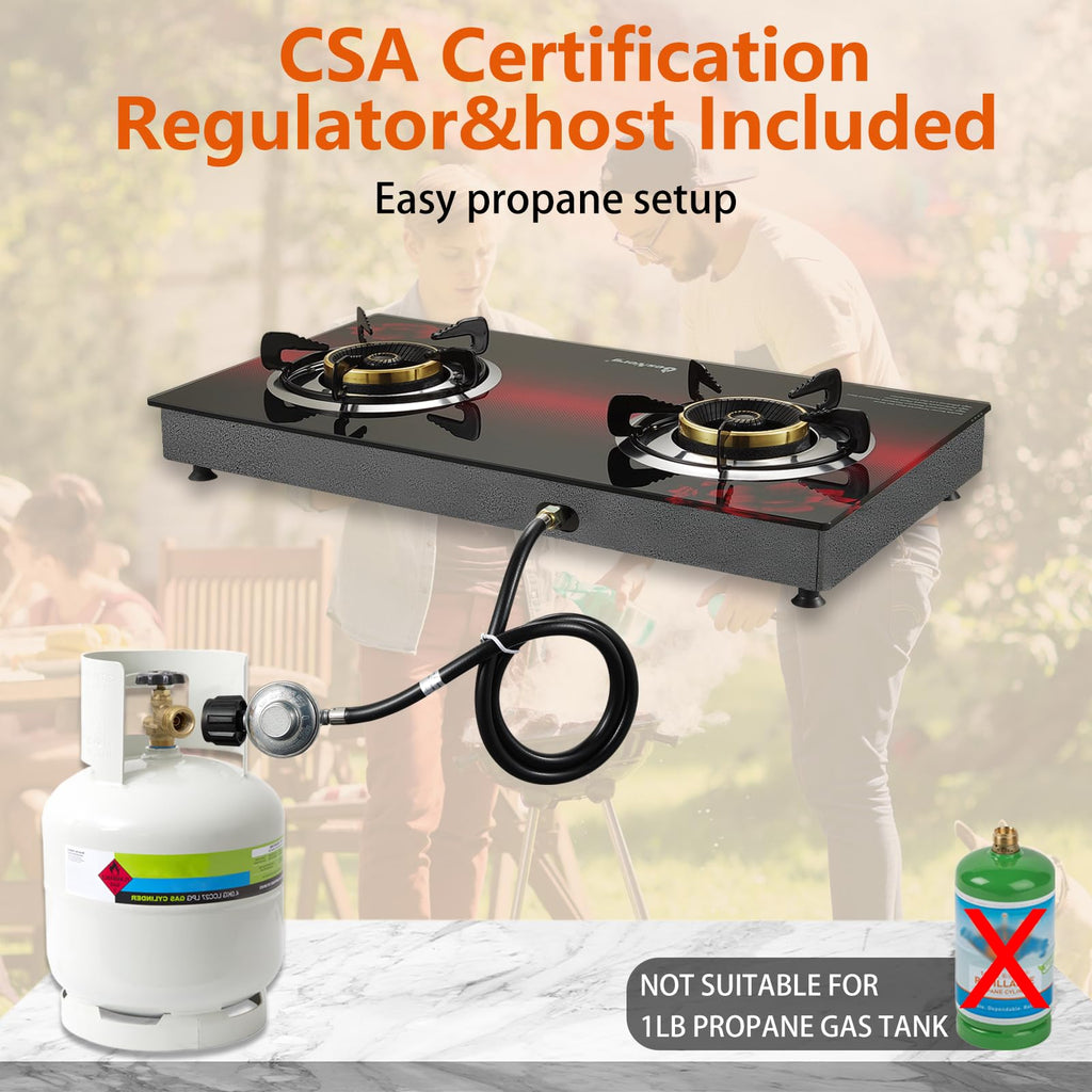 Besnerg Propane Stove 2 Burner Gas Stove, 28800 Btu High-Efficiency Auto Ignition Tempered Glass Lpg Cooktop With Csa Regulator