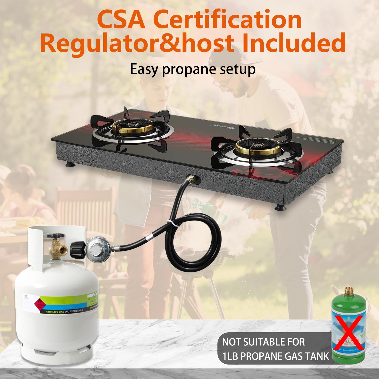 Besnerg Propane Stove 2 Burner Gas Stove, 28800 Btu High-Efficiency Auto Ignition Tempered Glass Lpg Cooktop With Csa Regulator