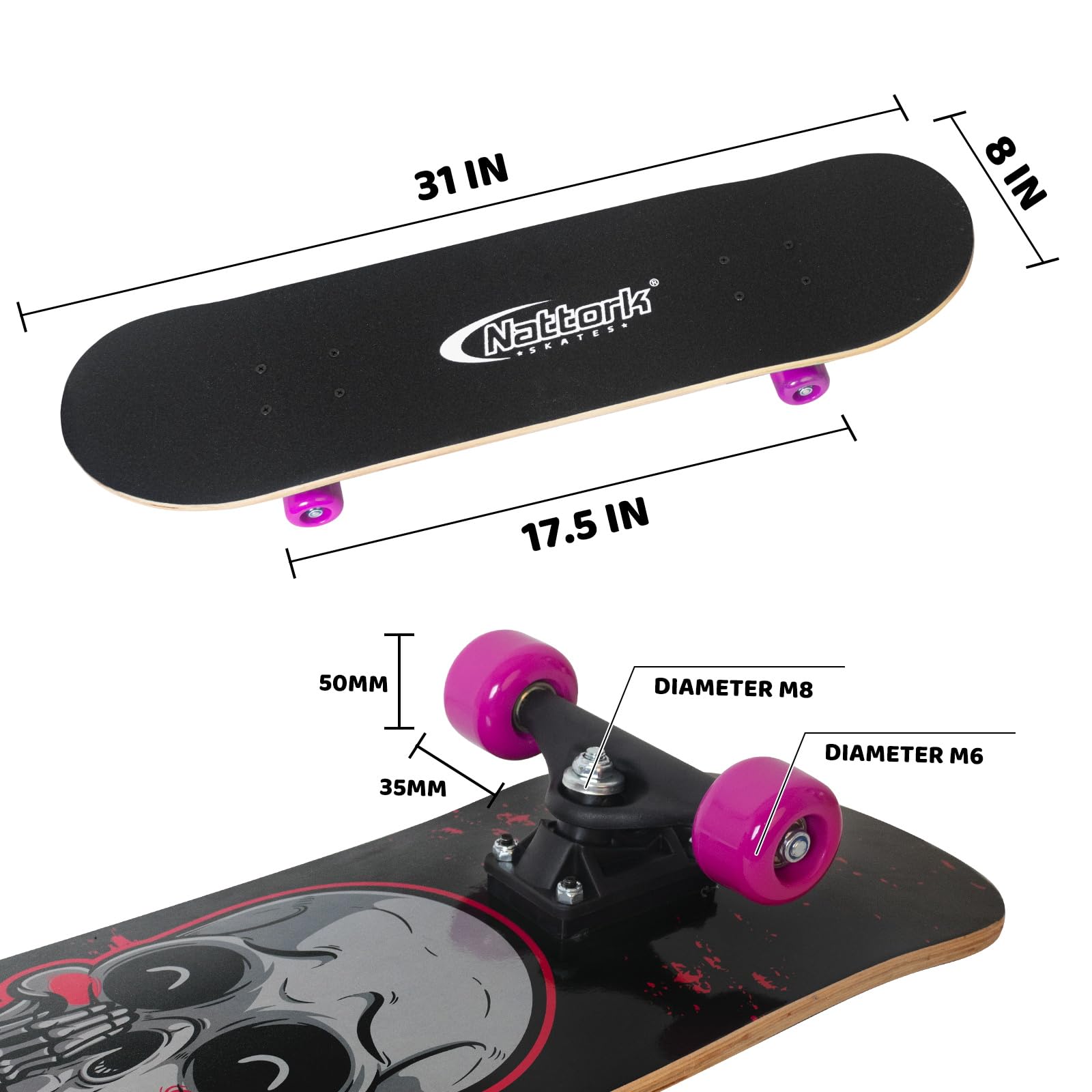 Nattork Skateboards 31 Inch Pink Skeleton Complete Skateboard Wood 9 Layer Canadian Maple Trick Skate Boards for Boys Girls Yout