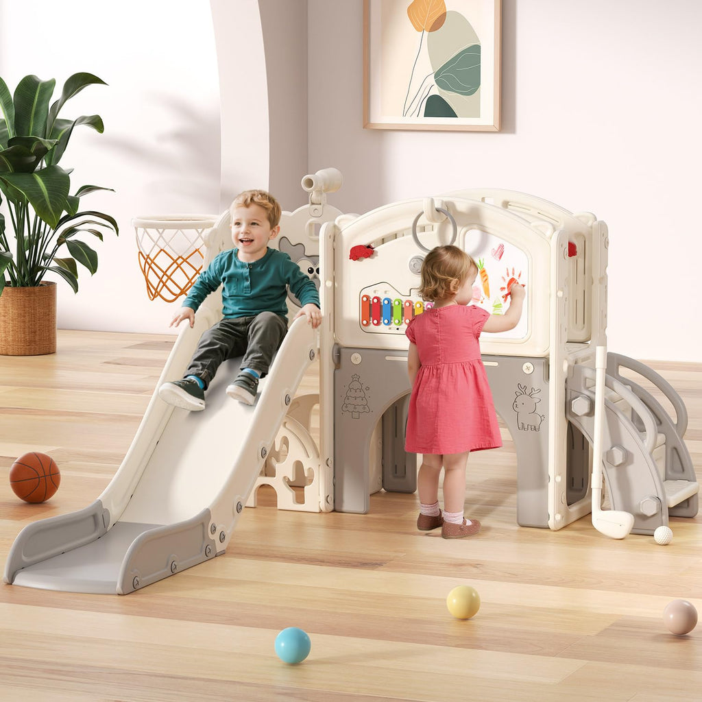 BIERUM Toddler Slide Set, 13 in 1 Kids Indoor Slide for Toddler 1-3, Indoor Outdoor Toddler Slide Playset with Basketball Hoop, 