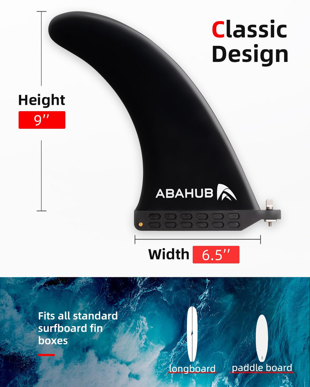 Abahub 8 Sup Single Center Fin With 1 No Tool Fin Screw, Fiberglass Reinforeced 8 Inch Sup Replacement Fins For Surfboard, Stand