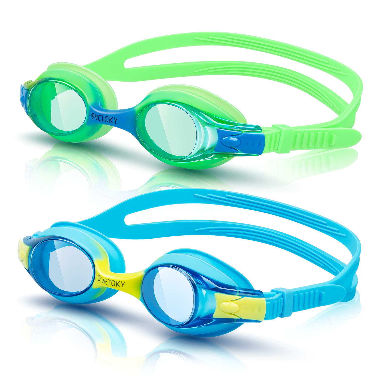 Vetoky Kids Swim Goggles, Pack Of 2 Anti Fog Swimming Goggles Uv Protection Clear No Leaking For Child And Youth Ages 3-12 Blue+