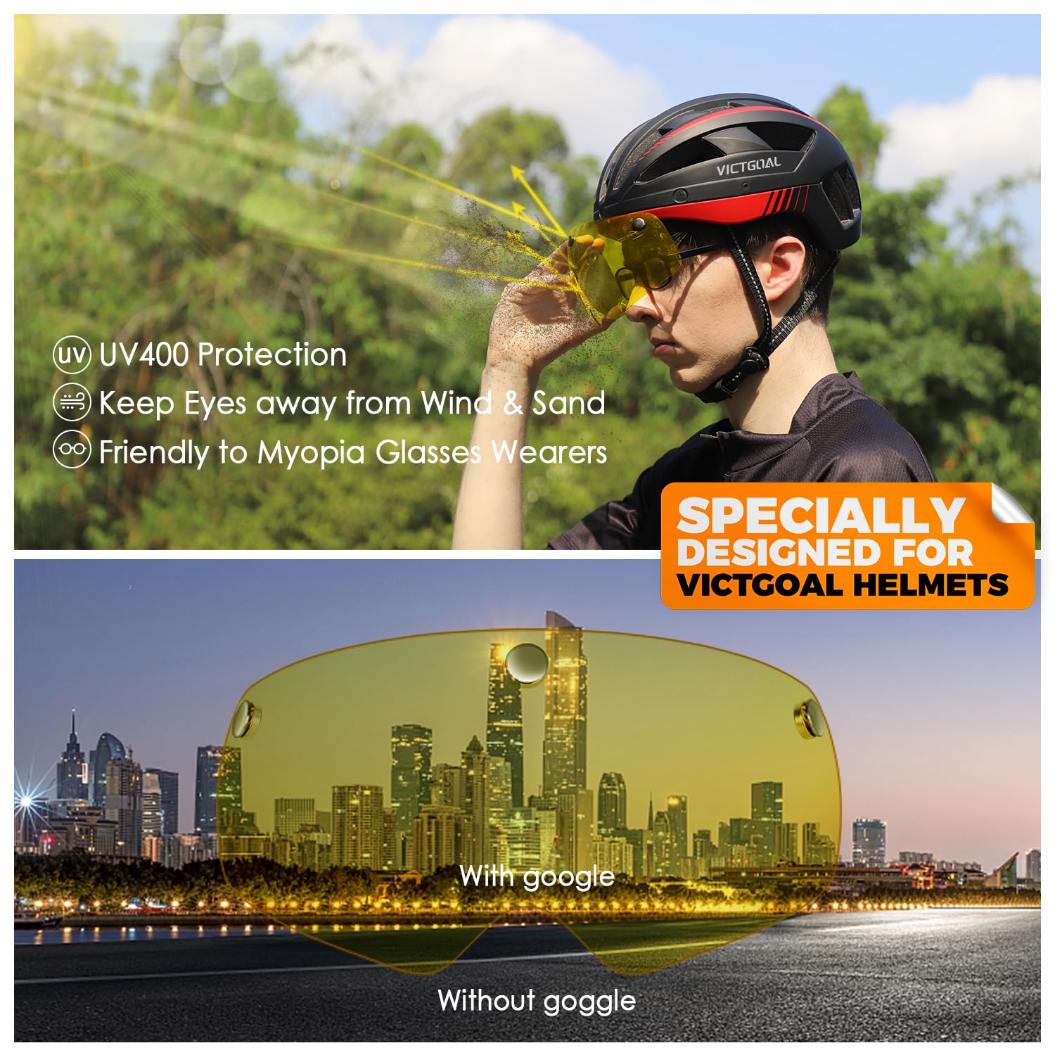 Victgoal Detachable Magnetic Bike Helmet Goggles Visor For Vg110 Bicycle Helmet (Yellow)