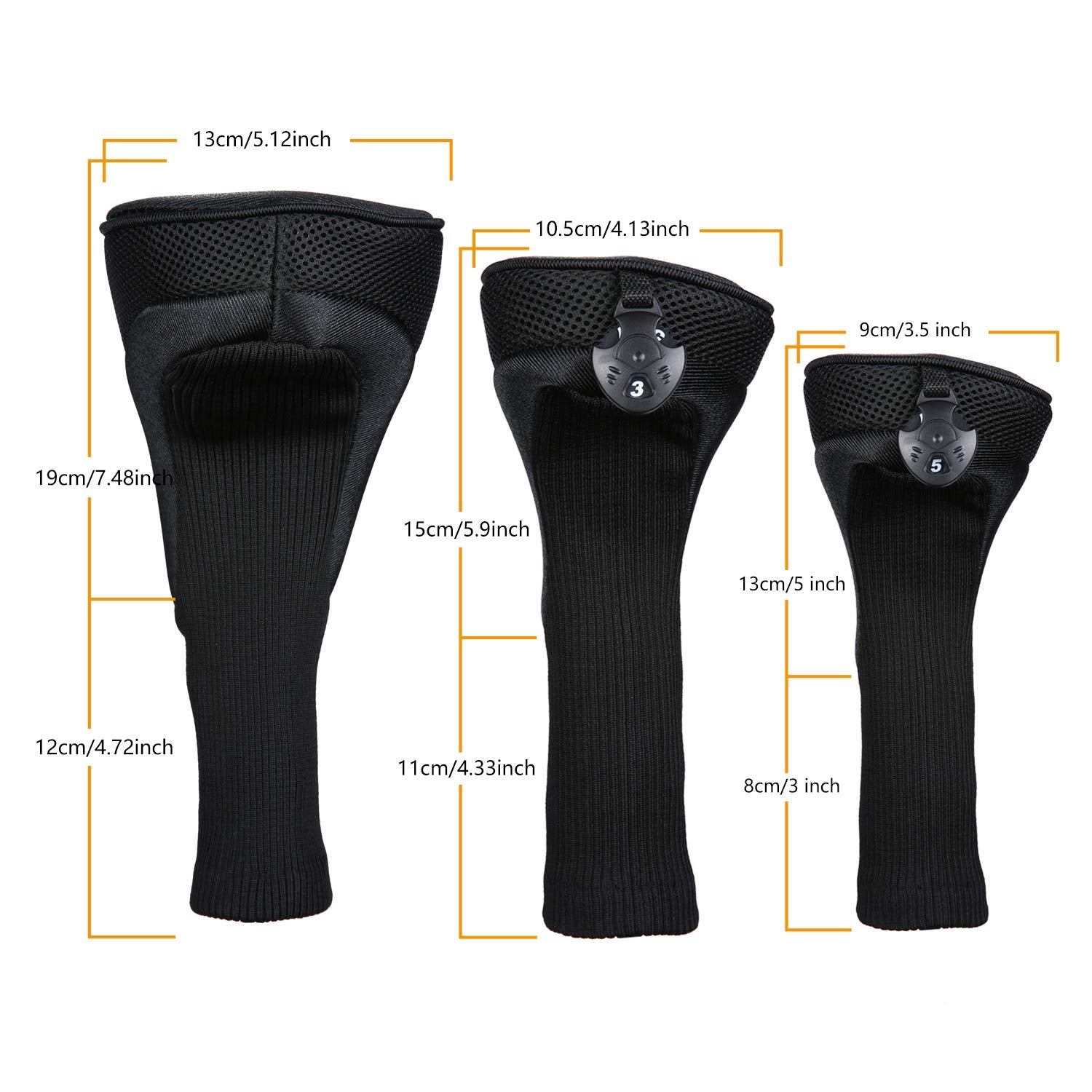 Black Golf Club Head Cover For Driver Fairway 3 Pcs Woods Headcovers, Golf Accessories Hybrid Head Covers Set With Interchangeab
