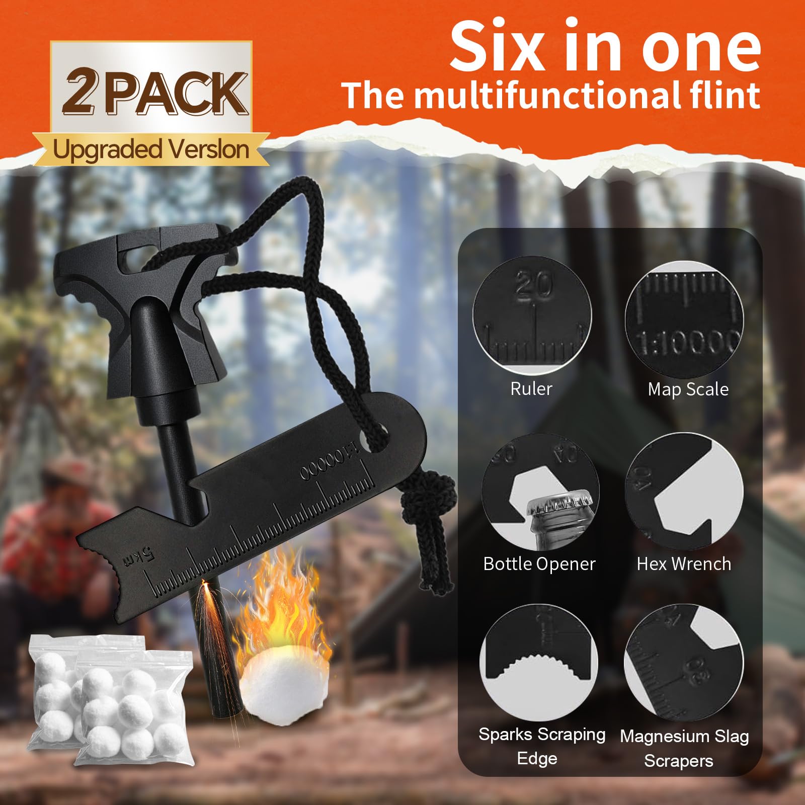 Hopkase 2Pcs Magnesium Fire Starter With Striker, High Temp Magnesium Rod, Ferro Rod Fire Starter Survival Tool With 20Pack Wate