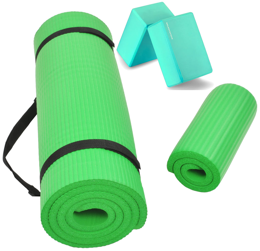 Fitvids All Purpose 1/2-Inch Extra Thick High Density Anti-Tear Exercise Yoga Mat And Knee Pad With Carrying Strap And Yoga Bloc