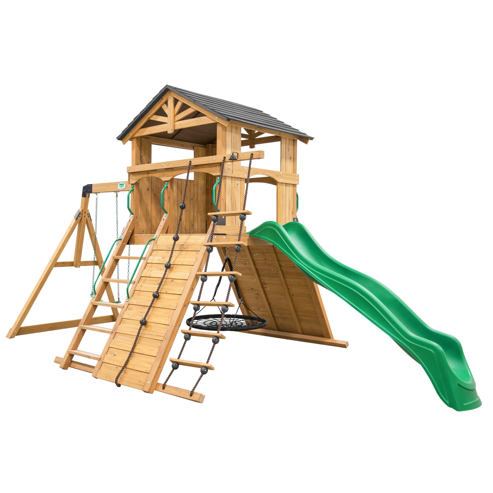 Backyard Discovery Endeavor All Cedar Wood Swing Set Playset for Backyard with Large Clubhouse Wave Slide Rope Ladder Rock Climb