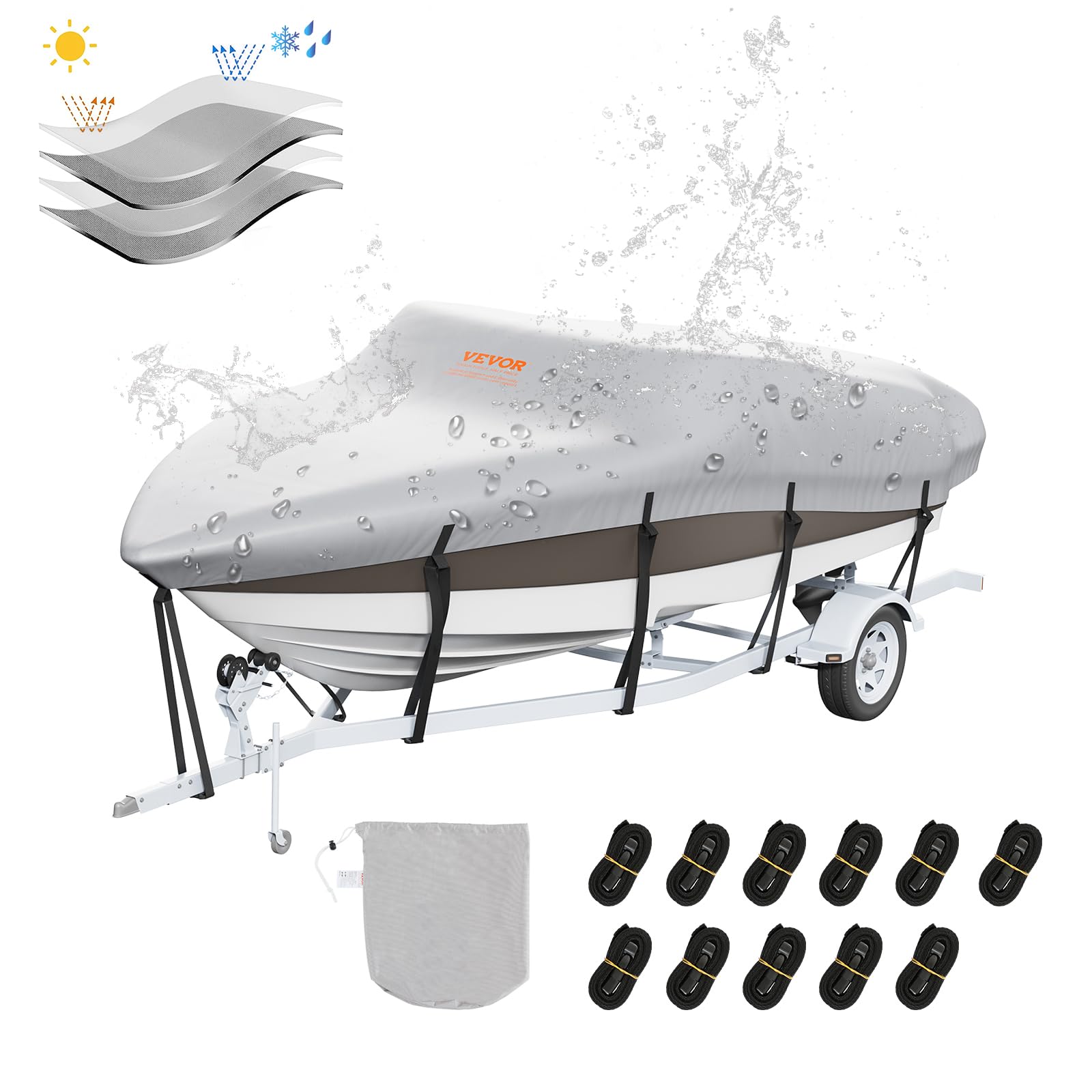 Vevor Boat Cover, 16'-18.5' Trailerable Waterproof Boat Cover, 600D Marine Grade Pu Oxford, With Motor Cover And Buckle Straps,