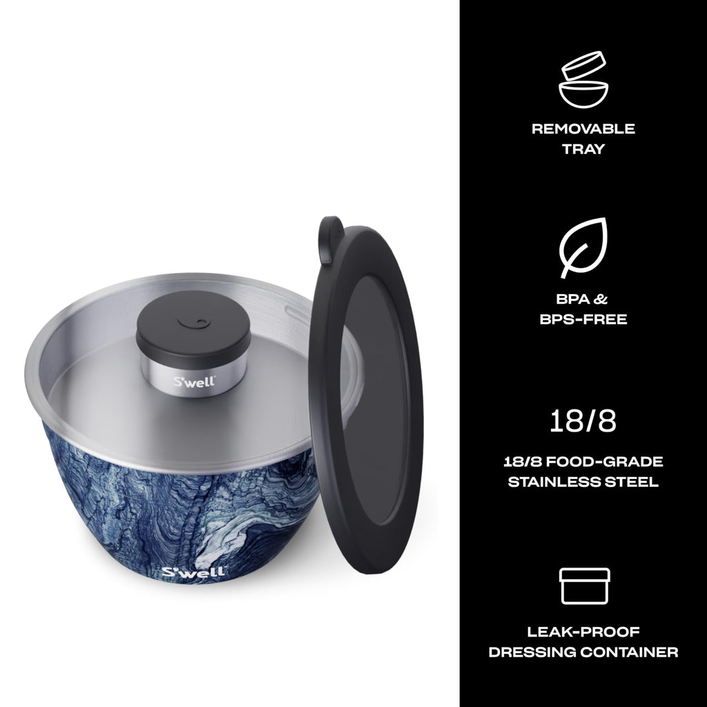 Swell Stainless Steel Salad Bowl Kit - 64Oz, Azurite - Comes With 2Oz Condiment Container And Removable Tray For Organization -