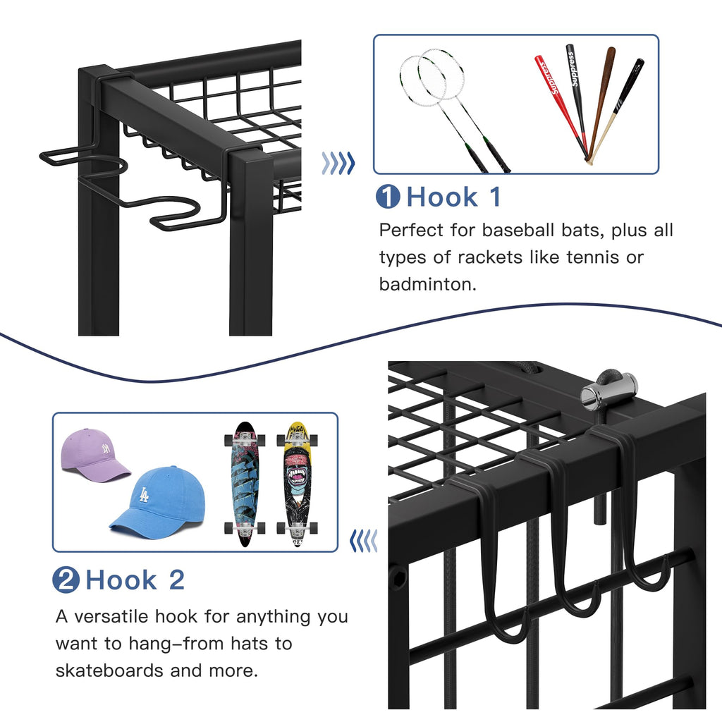 Famidge Sports Equipment Organizer, Ball Storage Rack With Elastic Straps, Garage Sports Organizer Storage Cart With Hooks, Bask