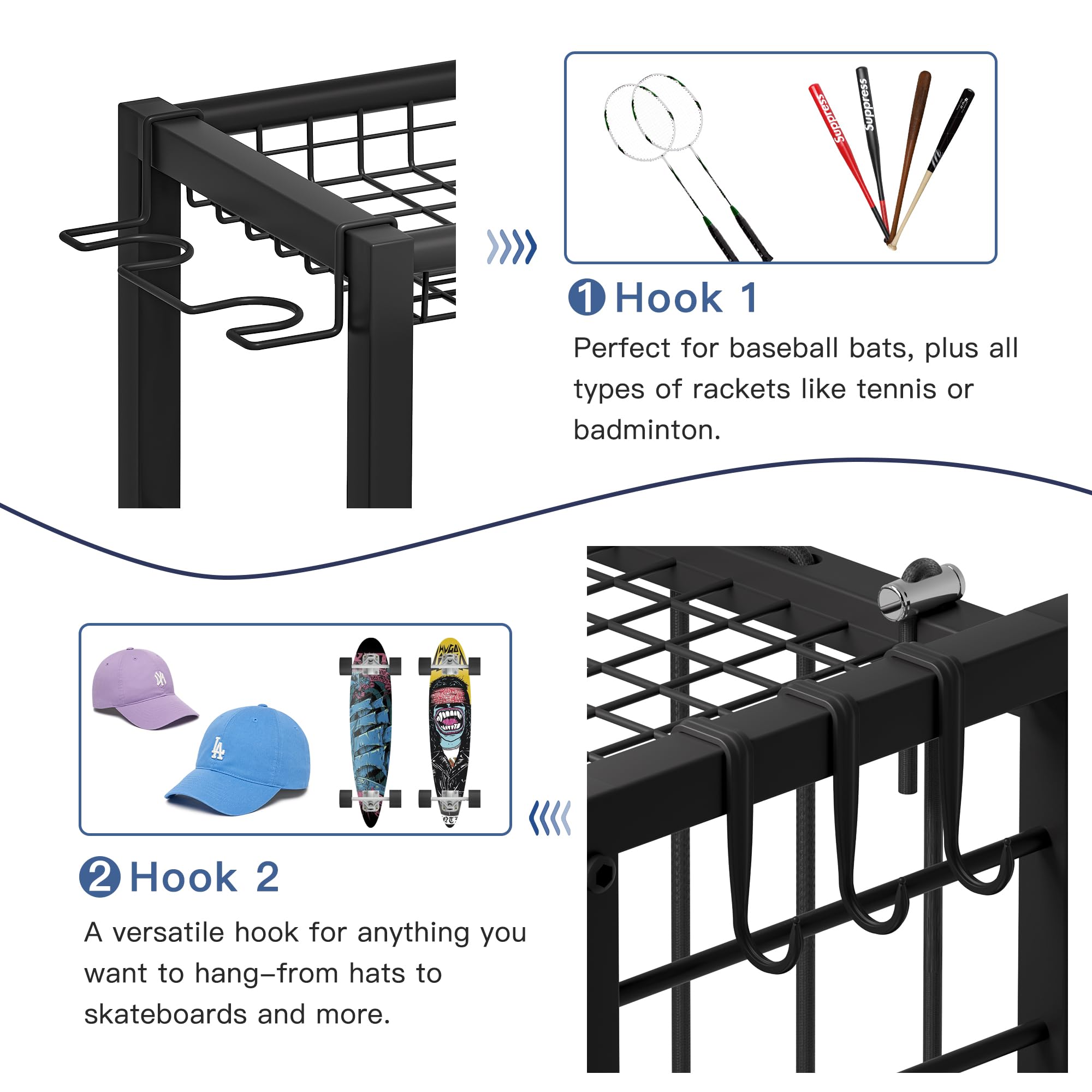 Famidge Sports Equipment Organizer, Ball Storage Rack With Elastic Straps, Garage Sports Organizer Storage Cart With Hooks, Bask