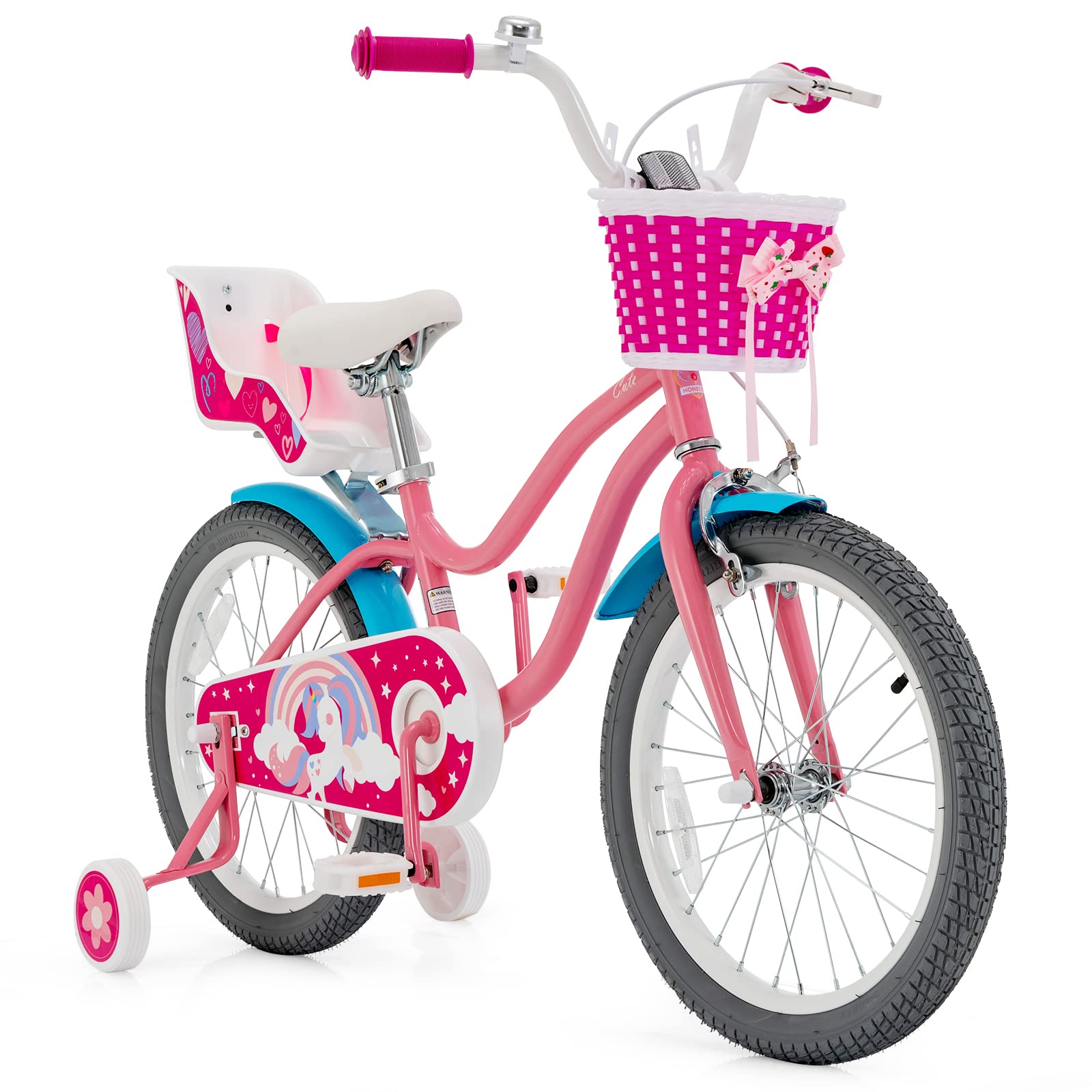Baby Joy Kids Bike, 18 Inch Kids Bicycle W/Training Wheels, Adjustable Seat Handlebar Height, Storage Basket, Doll Seat, Handbra