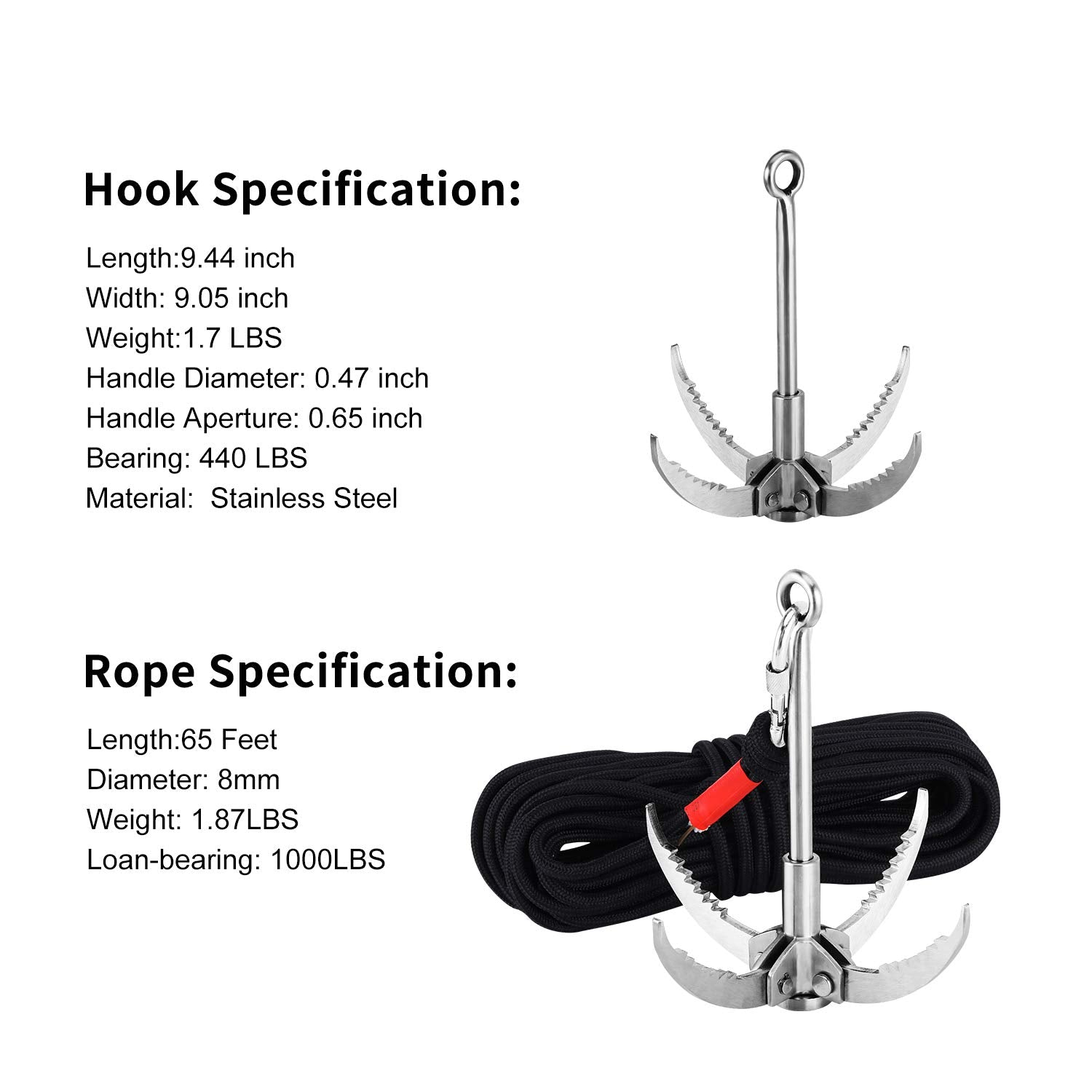 Ant Mag Grappling Hook Stainless Steel Claw Carabiner For Fishing & Retrieval With 20M/65Ft 8Mm Auxiliary Rope For Outdoor Activ
