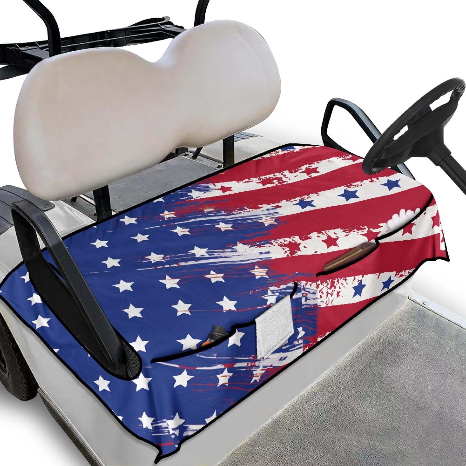 Knextrepoy American Flag Golf Cart Seat Covers for Club Car Universal Size Golf Cart Seat Blanket with 4 Front Pockets Travel Sp